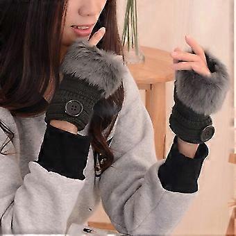 Women's Outdoor Faux Fur Fingerless Gloves Soft Warm Fluffy Mittens1pair-black