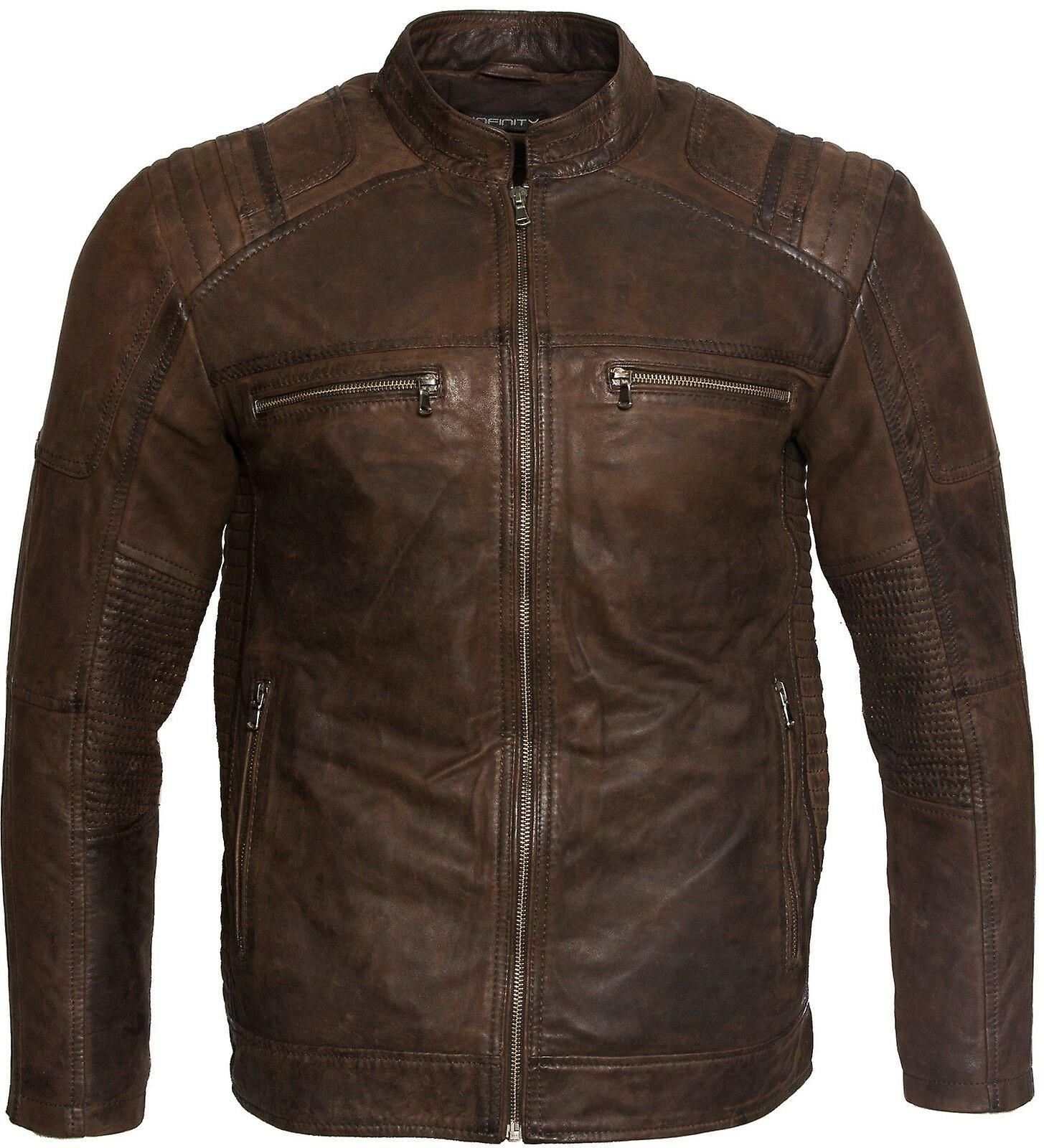 男士棕色浅黄色皮革 Cafe Racer 机车夹克