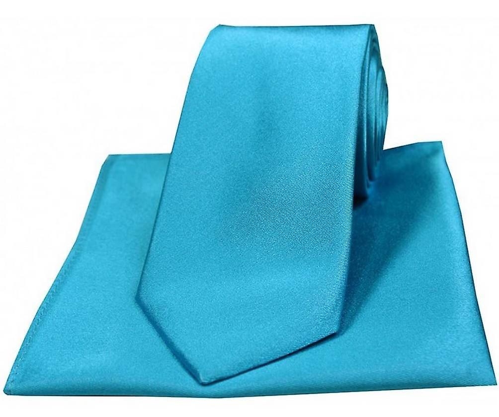 David Van Hagen Satin Silk Tie and Pocket Square Set - Turquoise