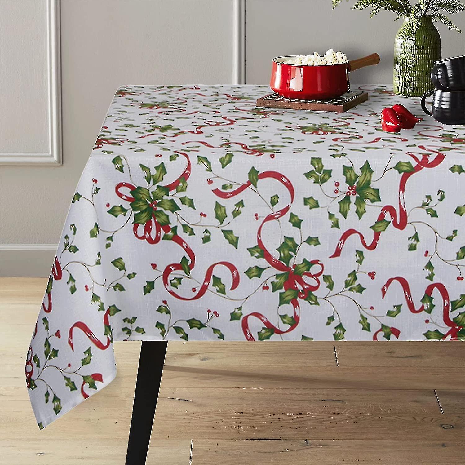 Christmas Tablecloth With Holly And Ribbon - Rectangle Table Cloth Water Resistant Polyester Fabric