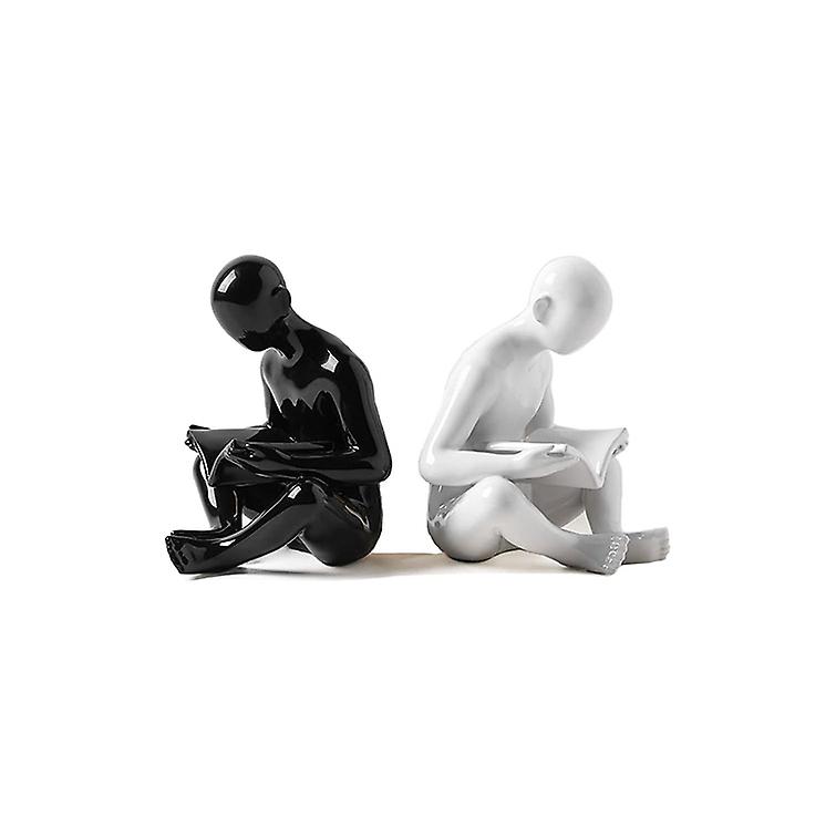Porcelain Reading Bookends, Black and White Decorative Reading Books Statue and Sculpture, Modern Reading Figures Bookends for Home Office Table Desk 