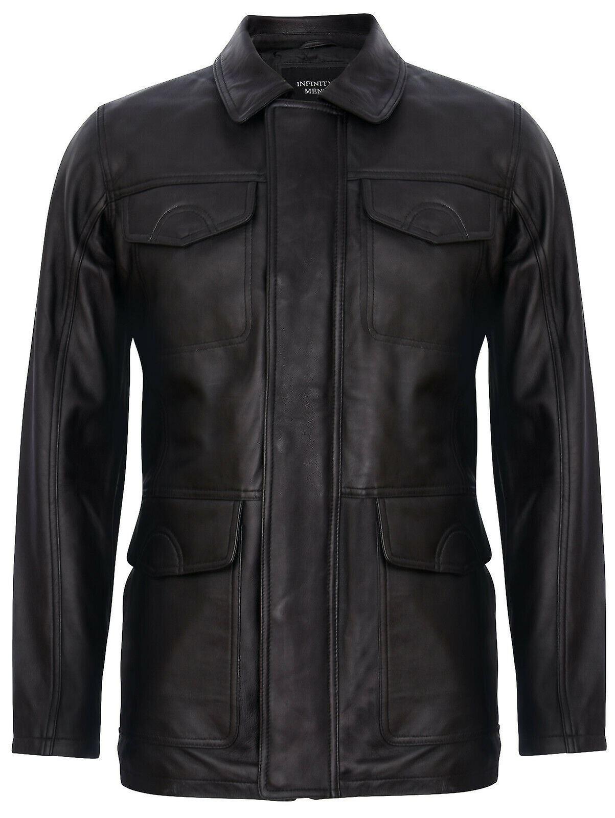 Infinity Leather Men's Black Leather Safari Parker Trench Jacket 2XL