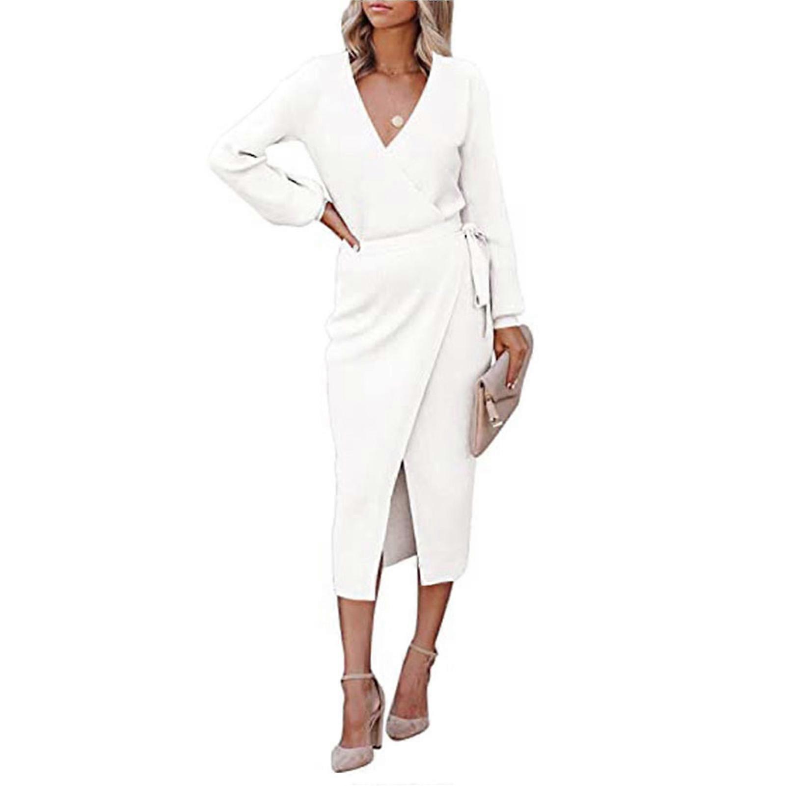 Stickad Klänning V-hals Midi Längd Långärmad Andningsfunktion Kvinnor Casual Fit Klänning För Shopping Vit 2XL