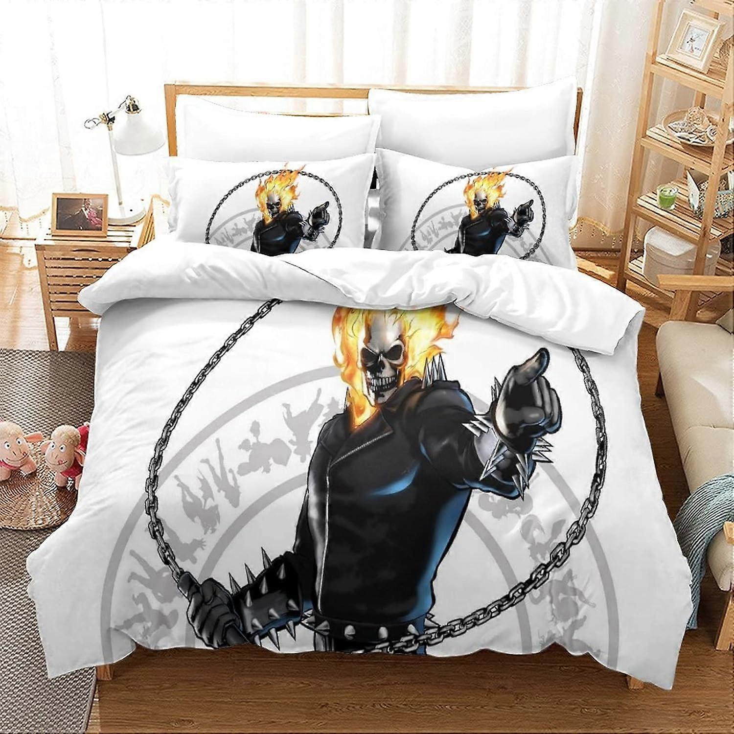 غطاء لحاف Ghost Rider Marvelمجموعة مفروشات للمراهقين الكبار غطاء لحاف الأبطال الخارقين غطاء لحاف الملك 135*200 سم