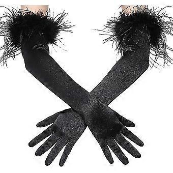 Lange Opera Handschoenen Zwart Satijn Veren Handschoenen Bruid Fancy Dress Handschoenen