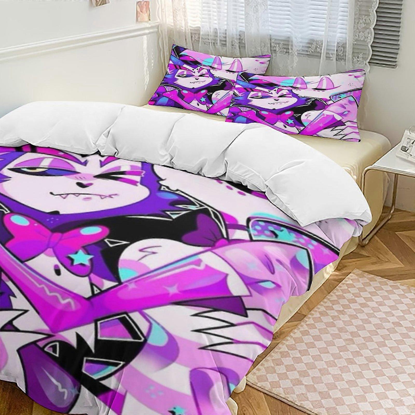 v347 Hazbin Hotel 2 Cama Capa de Edredom Conjuntos de Cama de Microfibra Conjuntos de Edredom Leve de 3 Peças, 1 Capa de Edredom e 2 Fronhas para Crianças aa347
