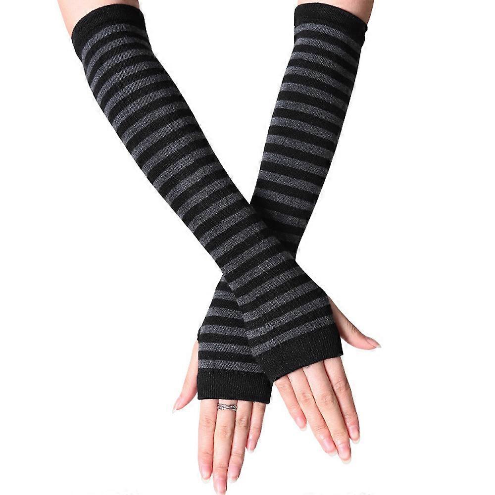 Womens Wrist Arm Warmer Mittens Long Hand Fingerless Striped Gloves