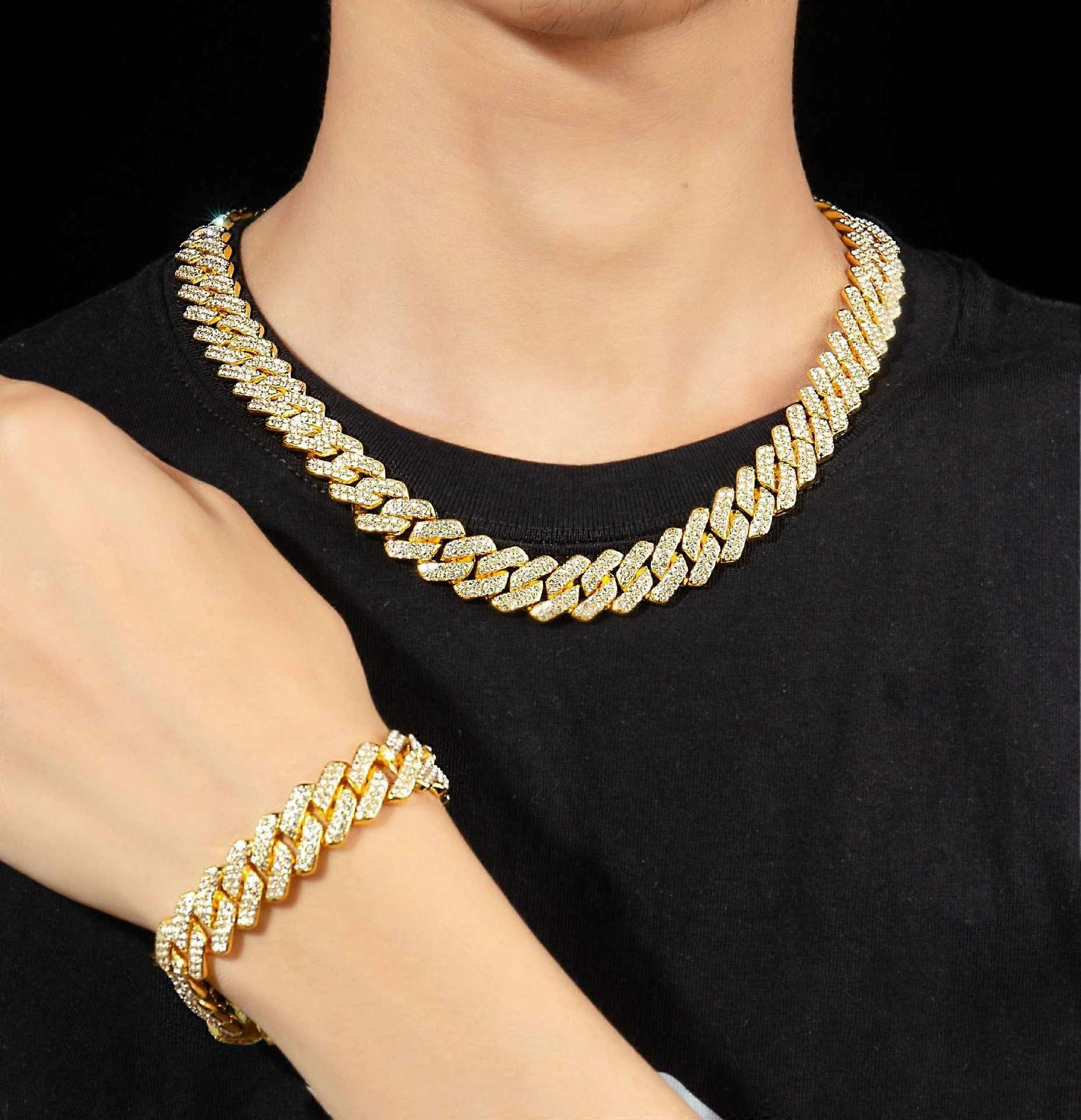 New alloy Cuban chain 14mm diamond full diamond original design diamond necklace for men and women cross-border hip-hop style 35cm rose gold 78g