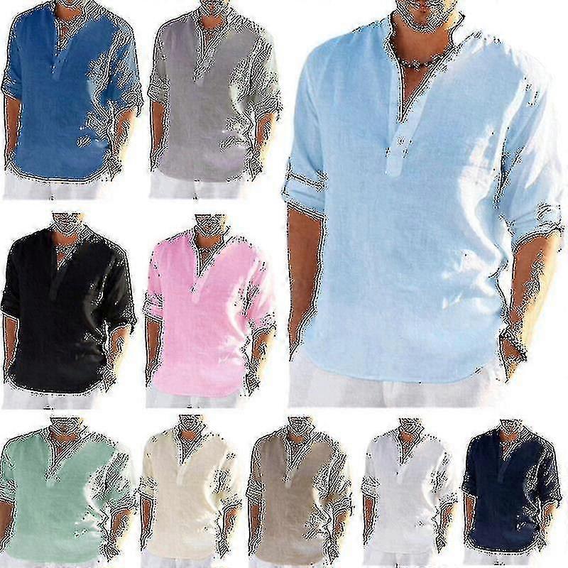 Camicia a maniche lunghe in lino da uomo Solida camicia casual sciolta Camicetta Top Cotone Estate
