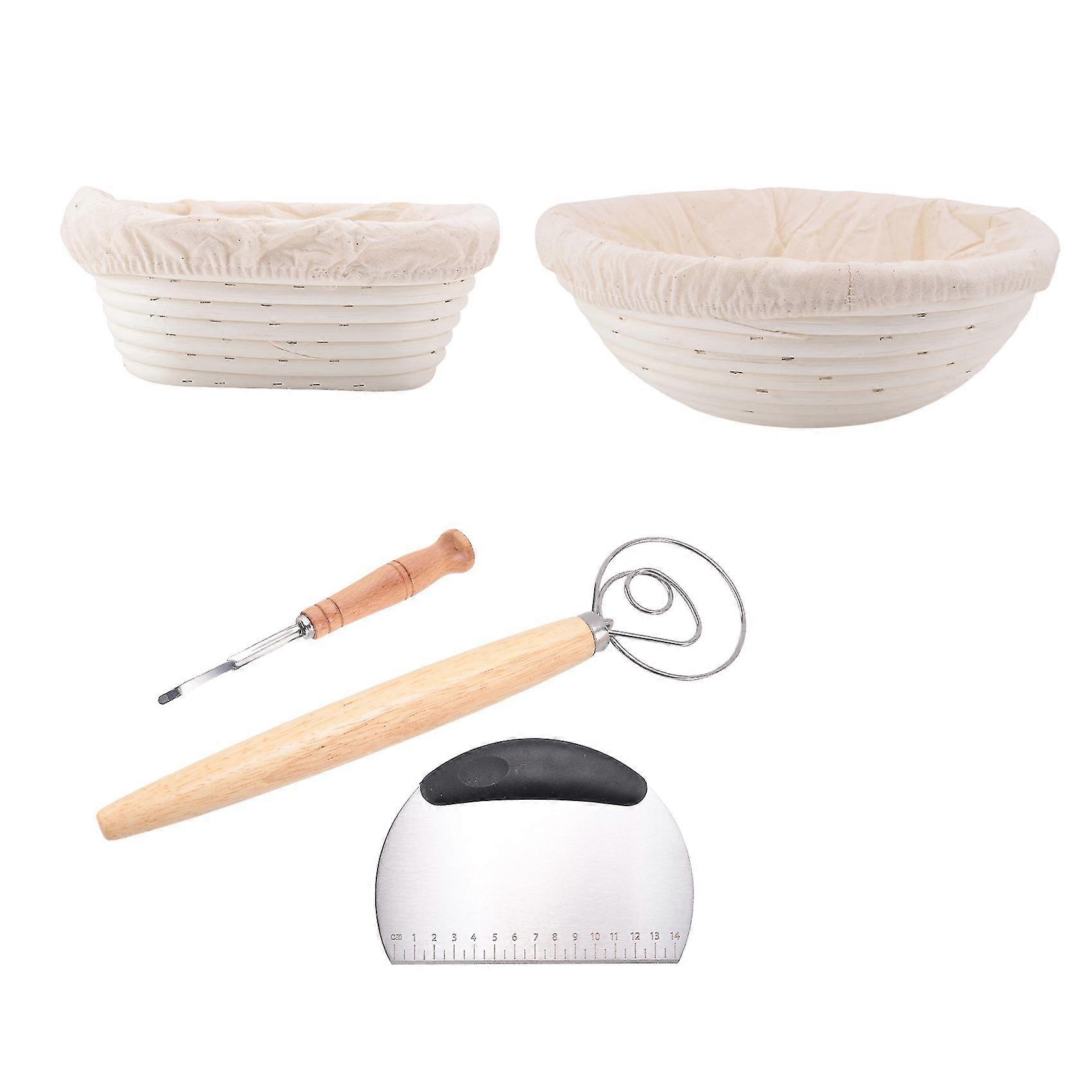 Bread Proofing Basket SET of 2 with Kit-Round and Ovel Bread Baking Bowl Tools -Bread Lame- Dough S