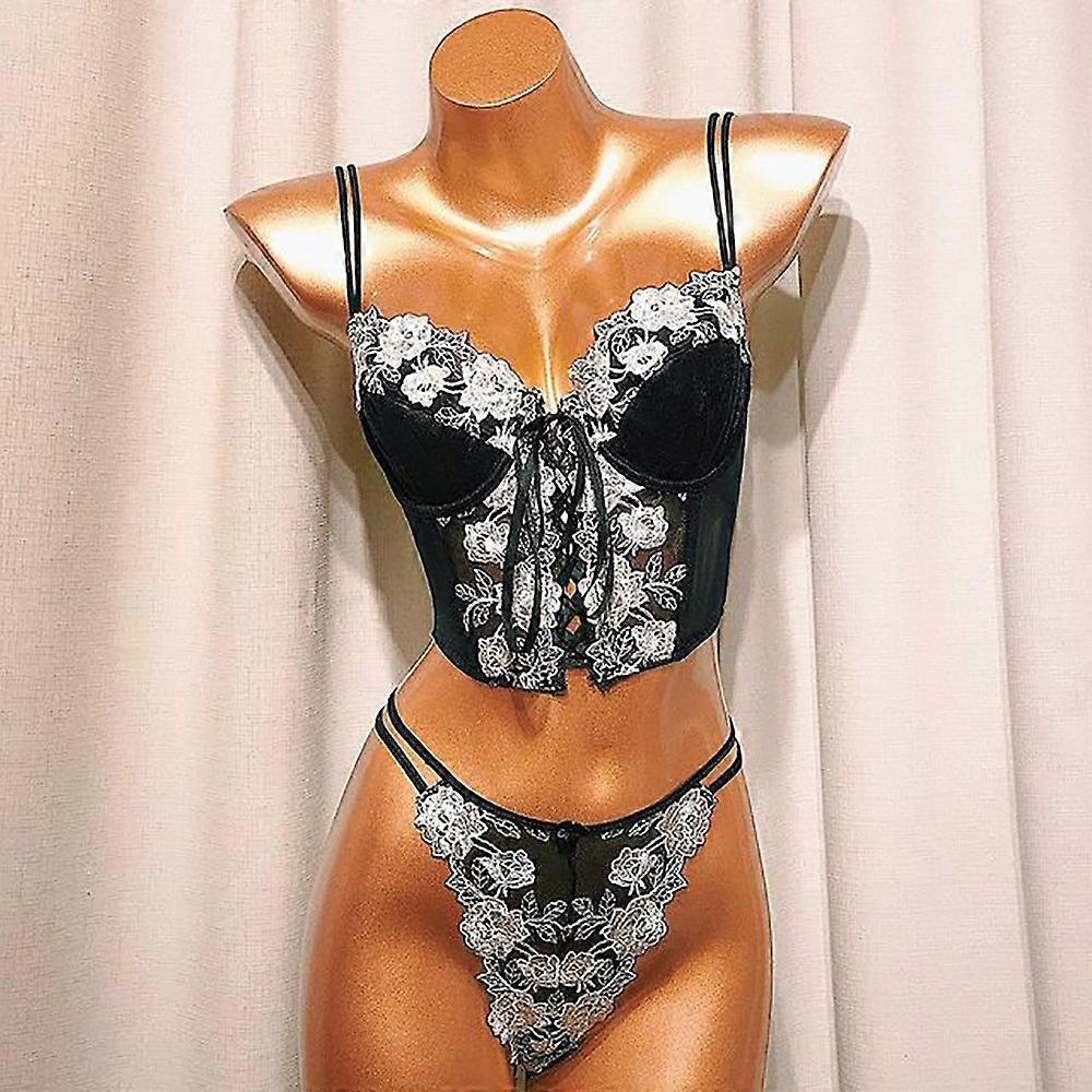 Brodeerattu seksikäs kukka alusvaatesetti