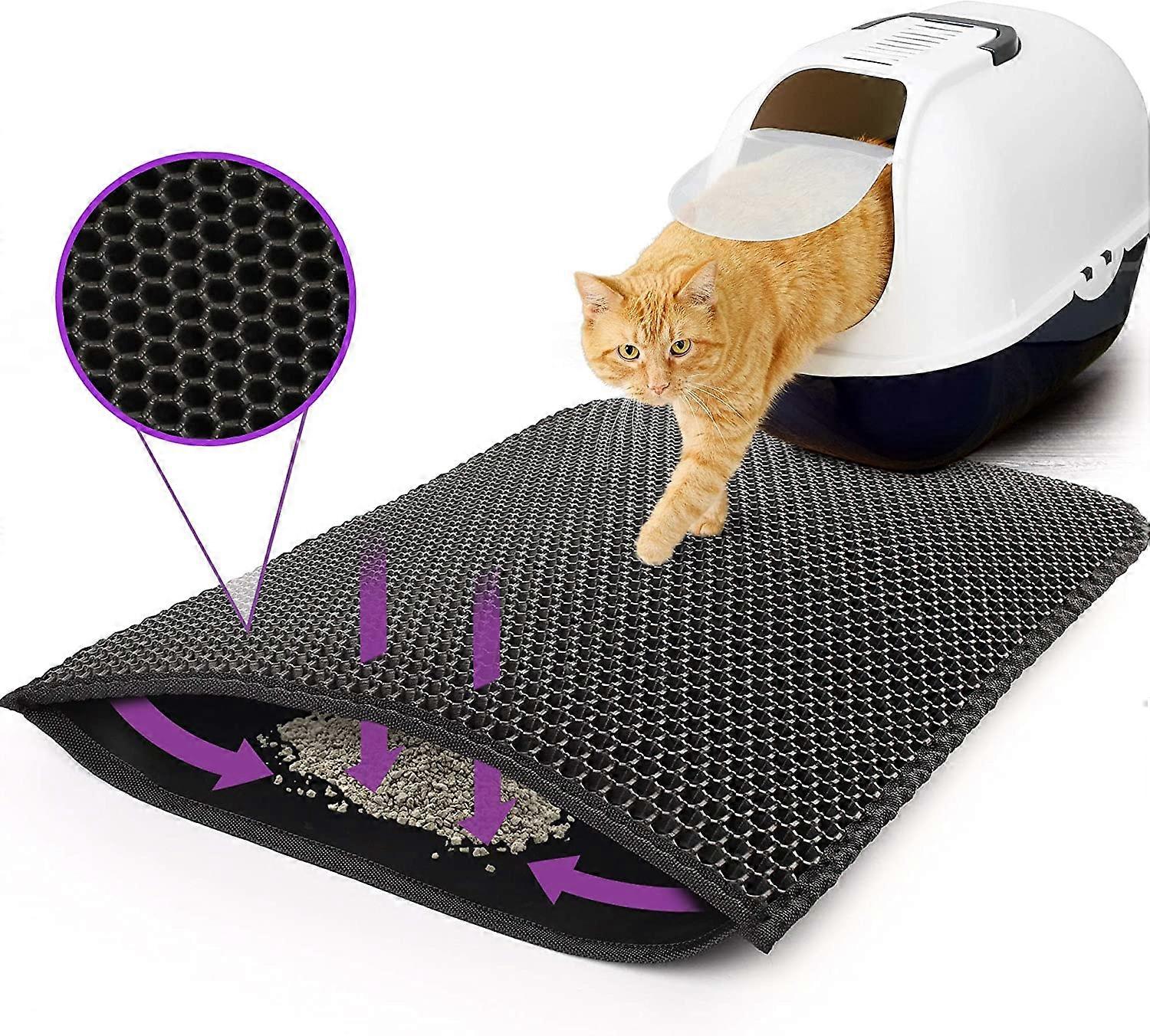 cat litter pad, honeycomb double layer cat litter pad for cat litter box, easy to clean, black cat litter collector carpet, waterproof
