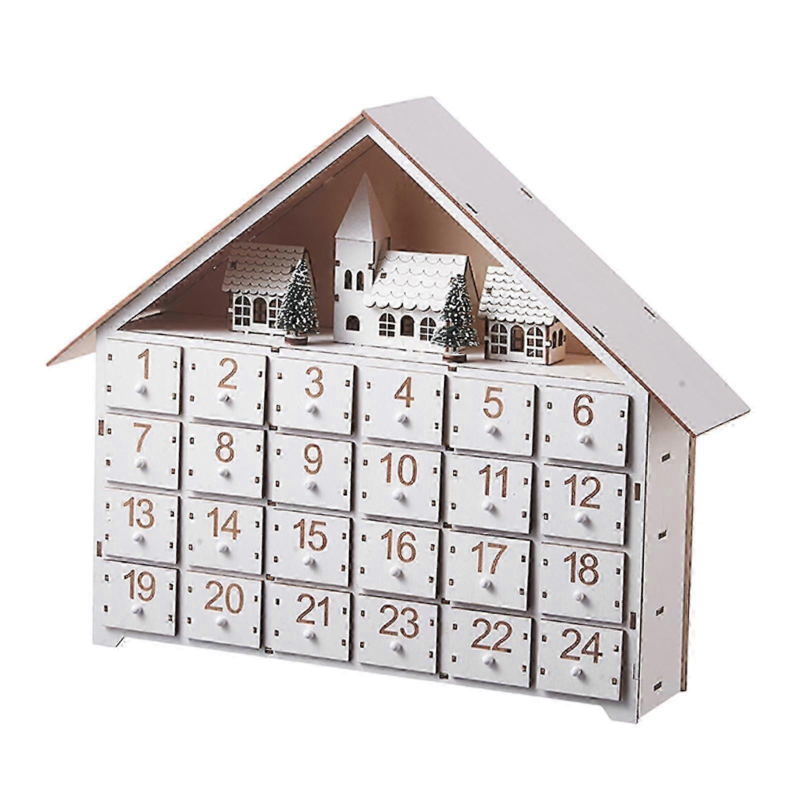 Christmas Wooden Advent Calendar with LED Lit for Office Fireplace Bookshelf