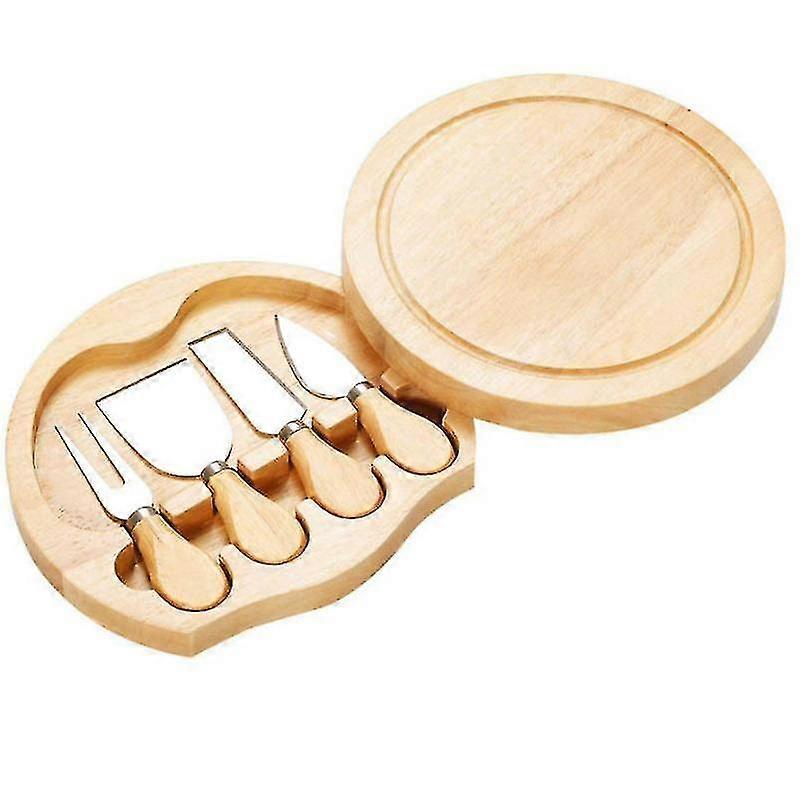 Cheese Board Set With Round Wooden Board With Integrated Slide Out Knife Compartment, 4 Stainless St