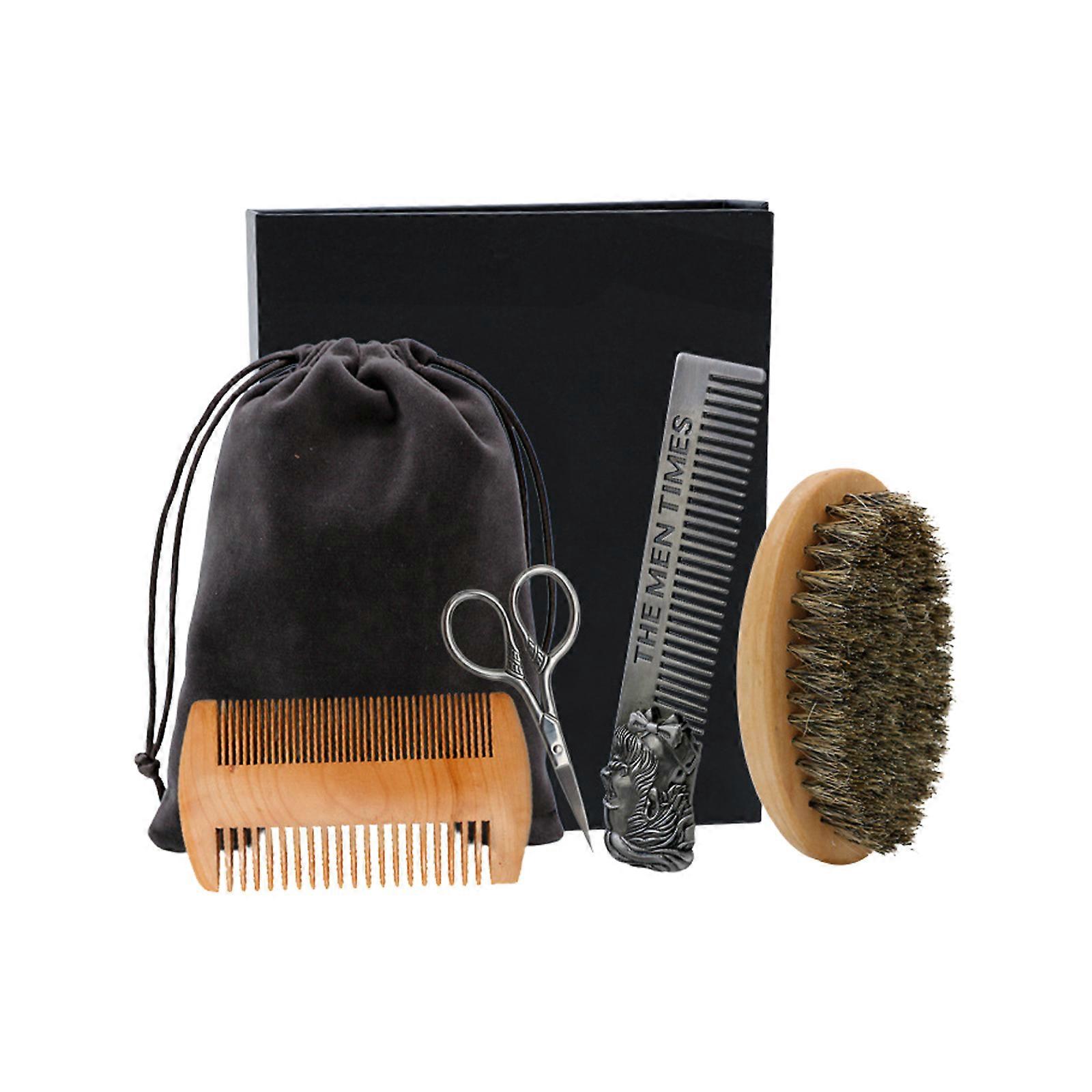 4pcs/set Beard Brush Set, Double-sided Styling Comb, Scissor Repair