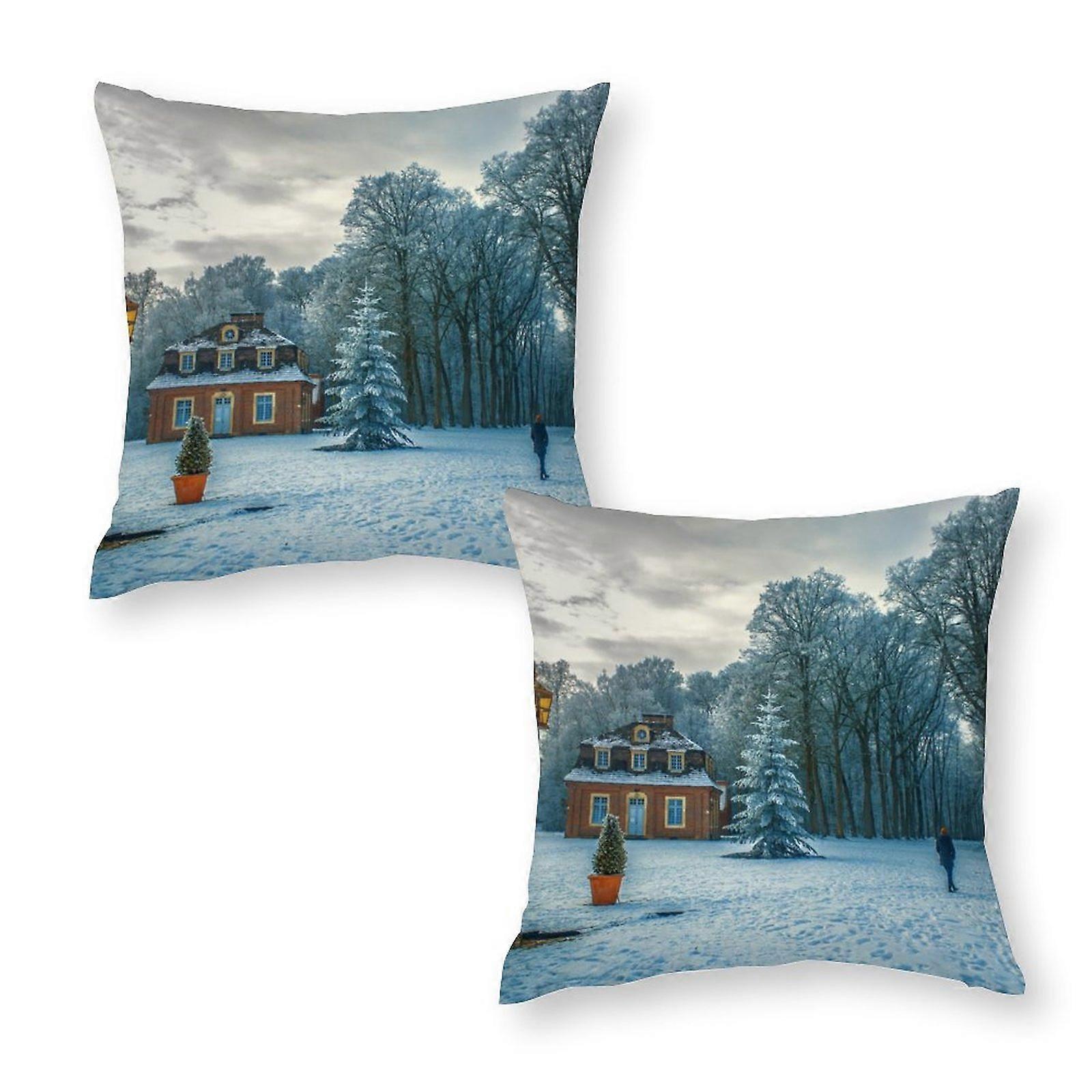 Girl walking through snow Throw Pillow Covers