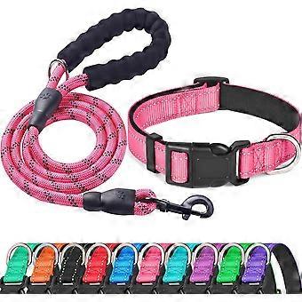Reflective Dog Collar Padded with Soft Neoprene Breathable Adjustable Nylon Dog Collars (Large (Pack of 1), Vivid Pink Collar+Leash)