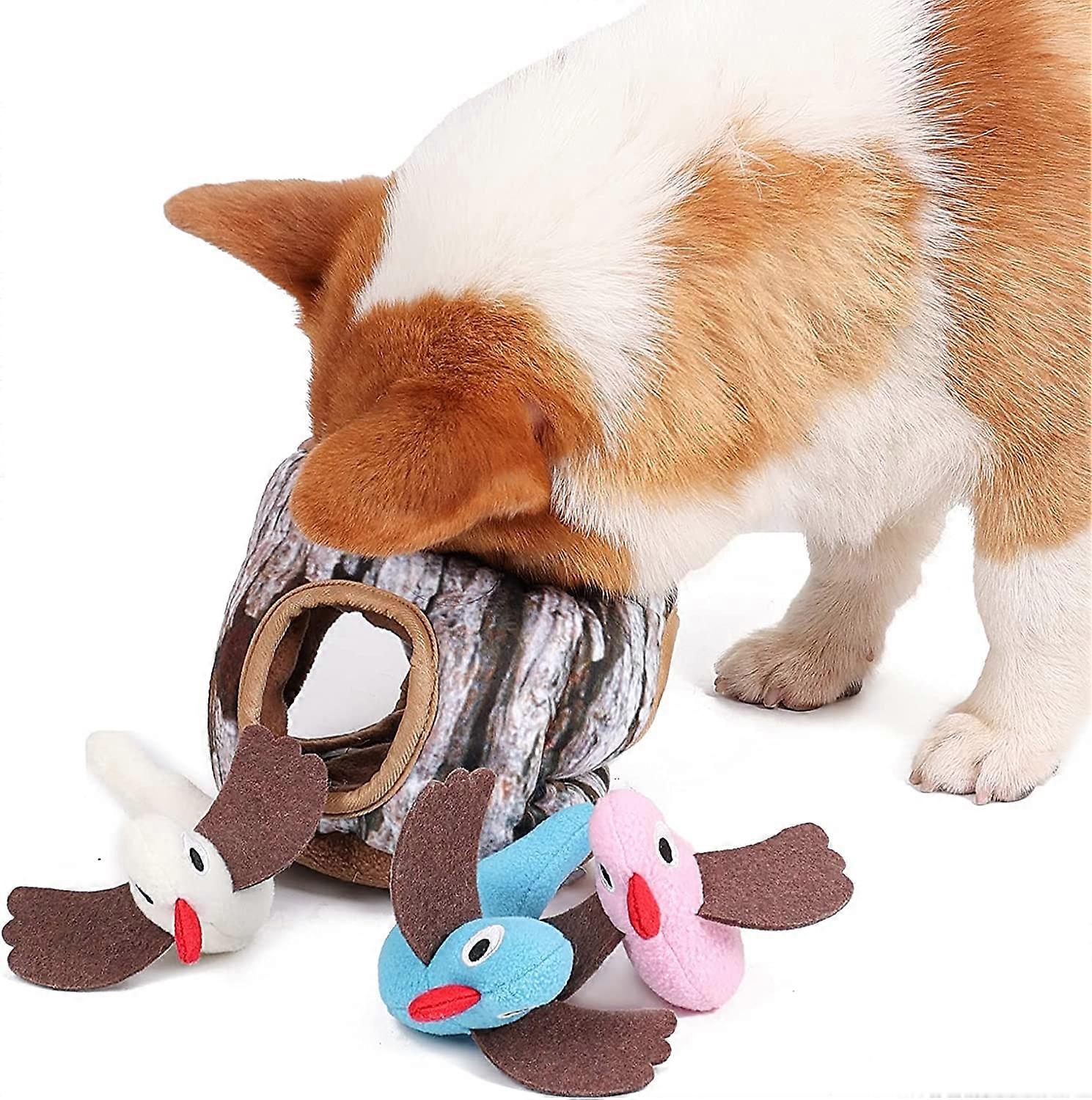 Pet Hide and Seek Plush Toy, Colorful Dog IQ Chew Toys, and Puppy Toys, Cute Interactive Plush Puzzle Toys, Birds in Tree Stump Hunting and Training P