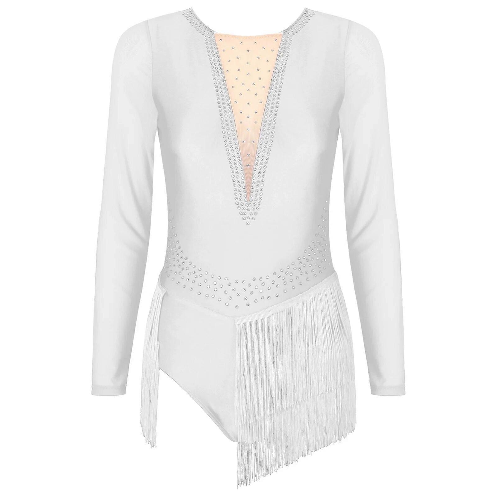 المرأة مهدب الرقص اللاتيني ليوتار اللباس شبكة شفافة كم طويل شرابة بذلة الجمباز بدلة امرأة الجليد التزلج اللباس