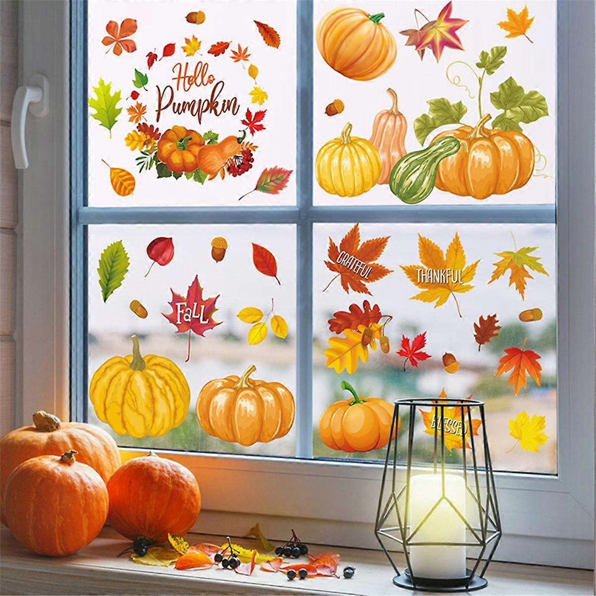 Fall Pumpkin Maple Leaf Window Stickers Thanksgiving Glass Decoration Pumpkin Maple Leaf Decals Autumn Wall Stickers