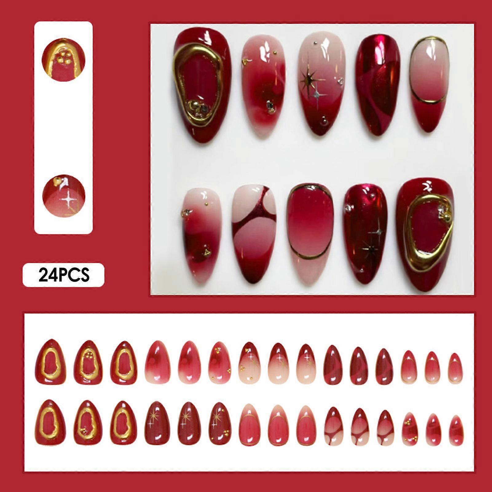 30pcs Almonds French False Nails  Pattern Charming Press On Nails for Stage Performance Wear
