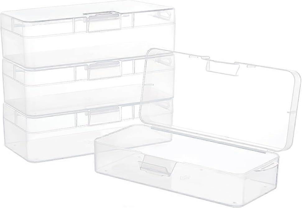 4 Packs Rectangle Plastic Container Box 7x3x1.8inch Clear Storage Organizer with Hinged Lid and Hanging Hole for Small Craft Accessories Office Suppli