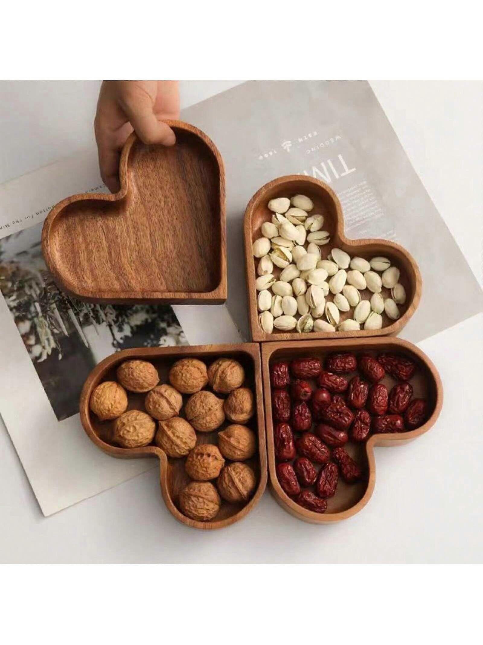 Stackable Wooden Candy Tray,Dried Fruit Box,Nut Dish Walnut Heart Shaped Candy Box, All Wood Design