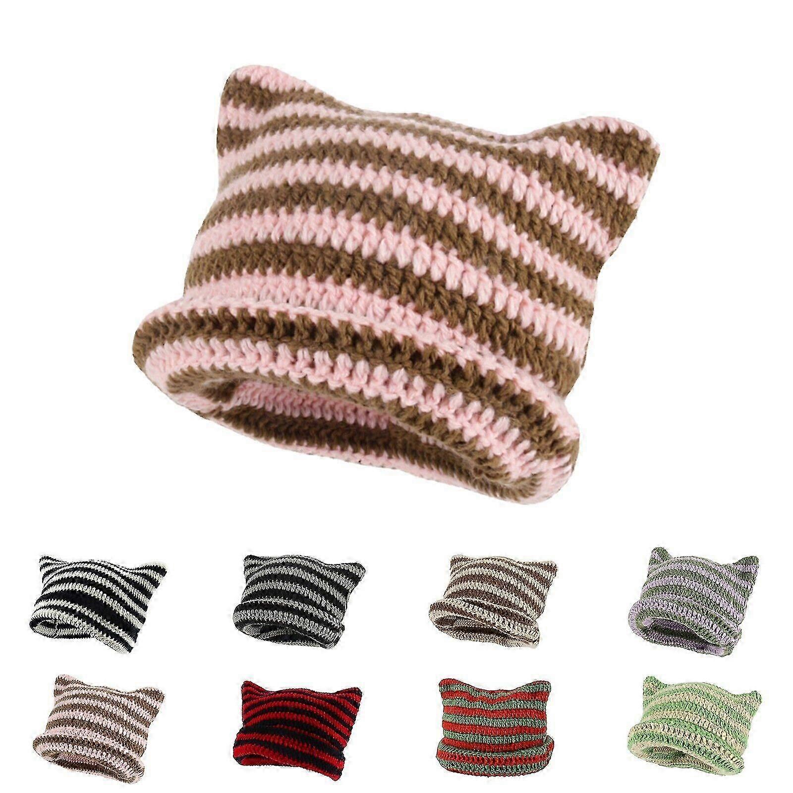 Yetişkin Beanie Çizgili Örme Kedi Kulak Şapkası Kış Sıcak Kayak Şapkası Harajuku Punk Şapkalar
