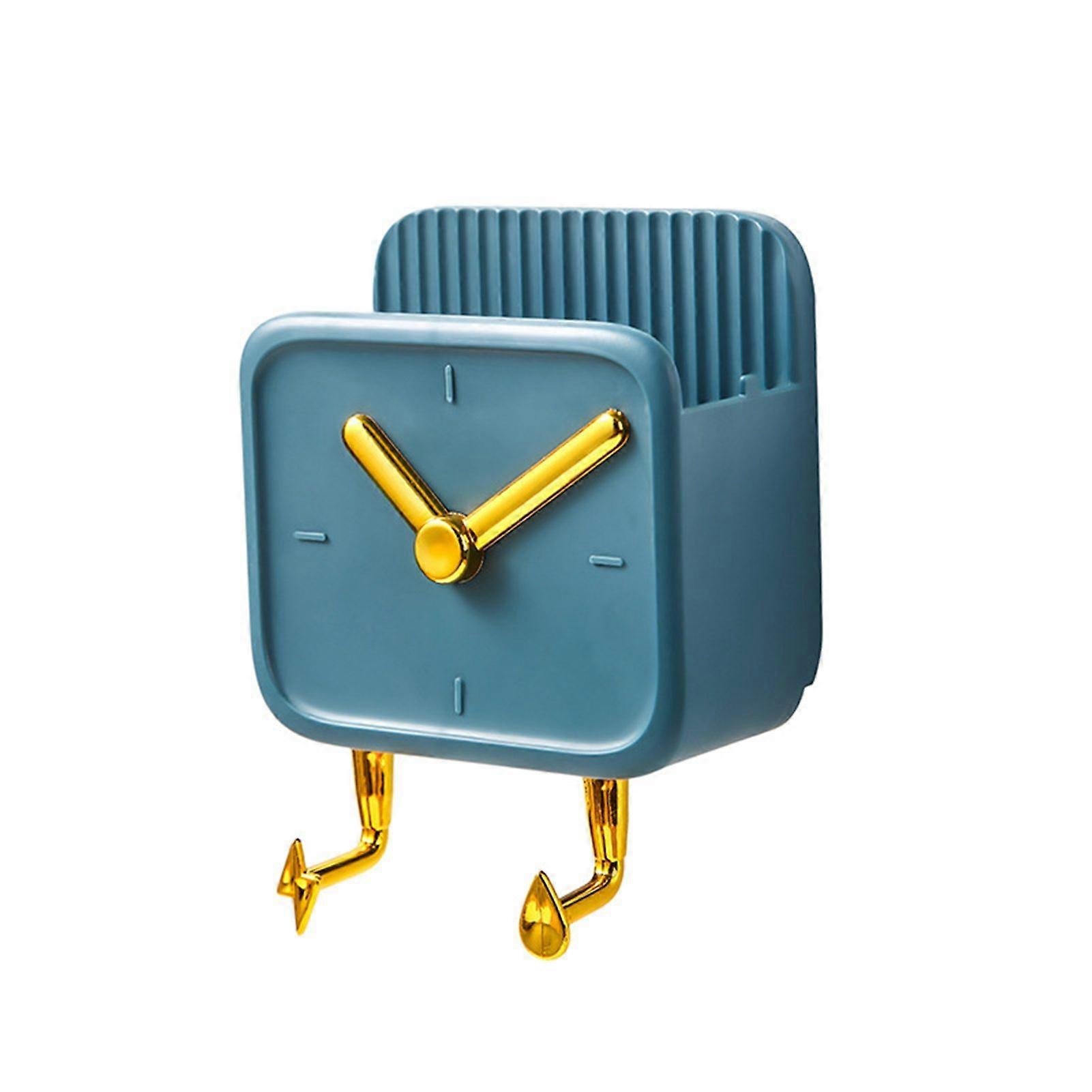 Wall Mounted Storage Box PP Clock Shaped Multifunctional Container with Hooks for Dormitory Bedside Blue