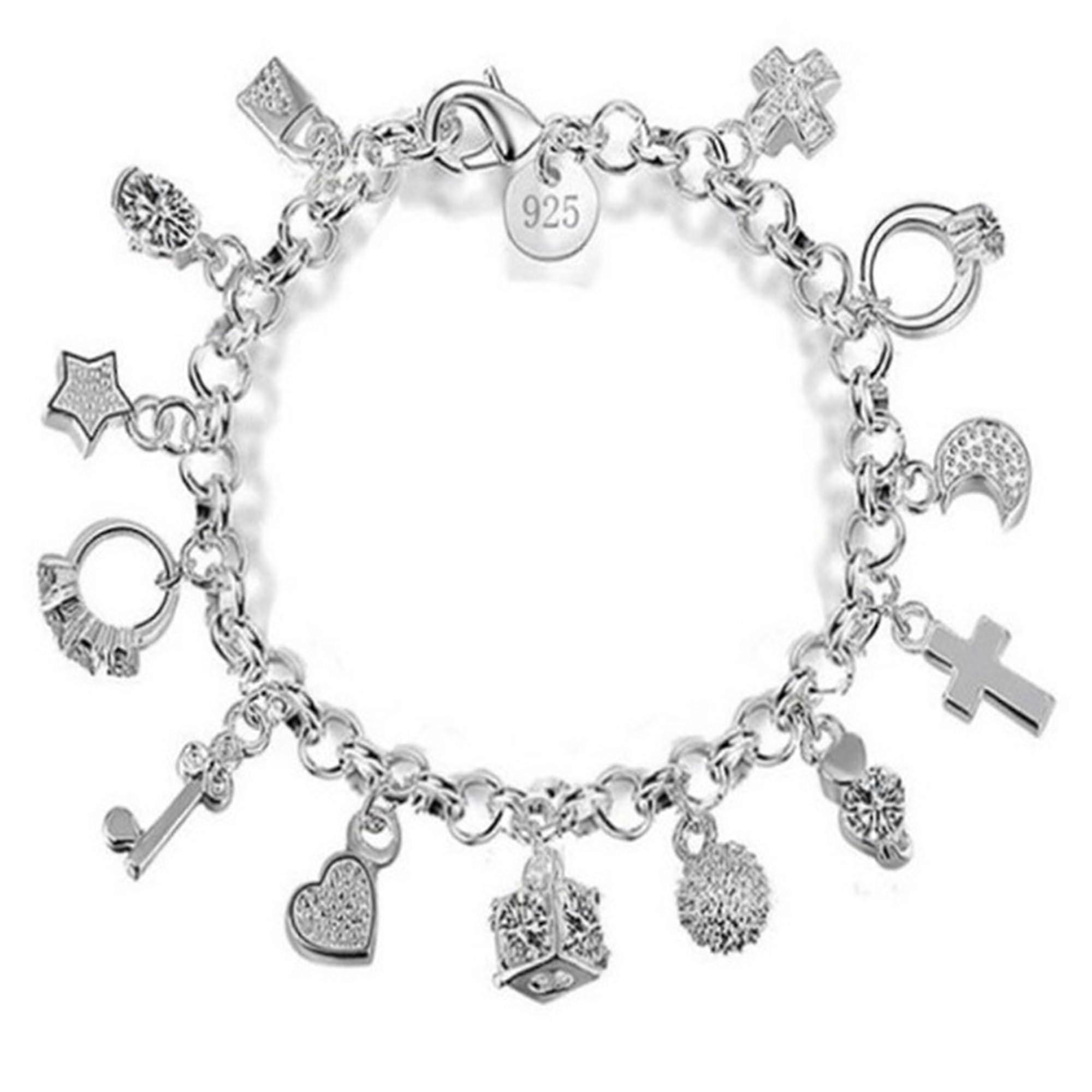 Thirteen Hanging Charm Bracelet S925 Sterling Silver, Elegant Women’s Jewelry, Adjustable Size, Gift for Her