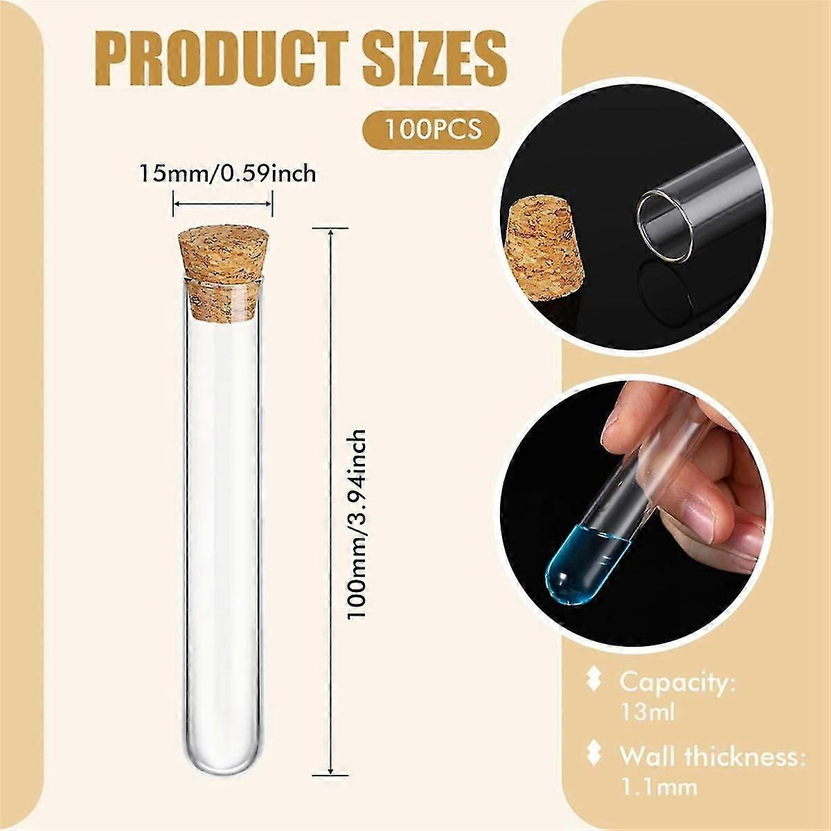 100PCS Glass Test Tubes with Cork Clear Stoppers Round Bottom Lab Test ...