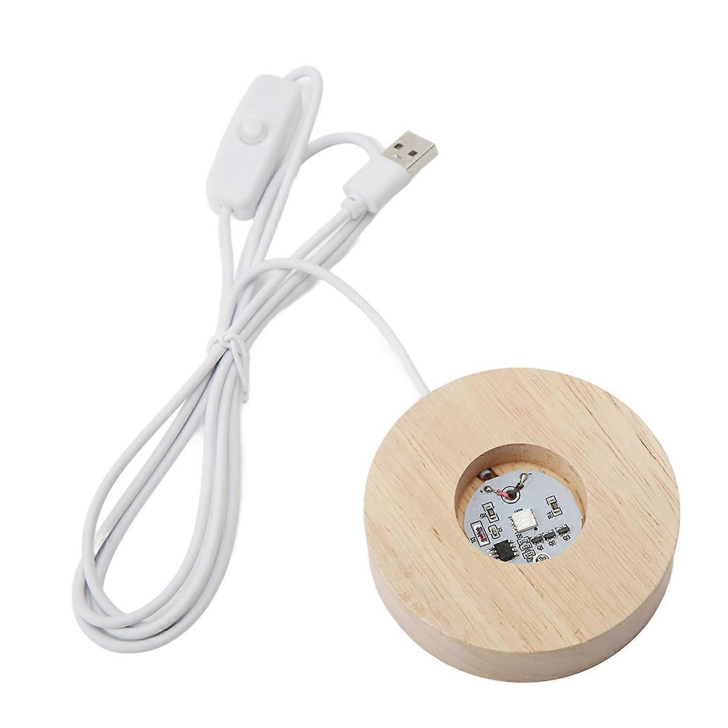 LED Light Base USB Interface Oak Wood Material Round 2cm/0.8in Thickness Glowing Decorative Display 