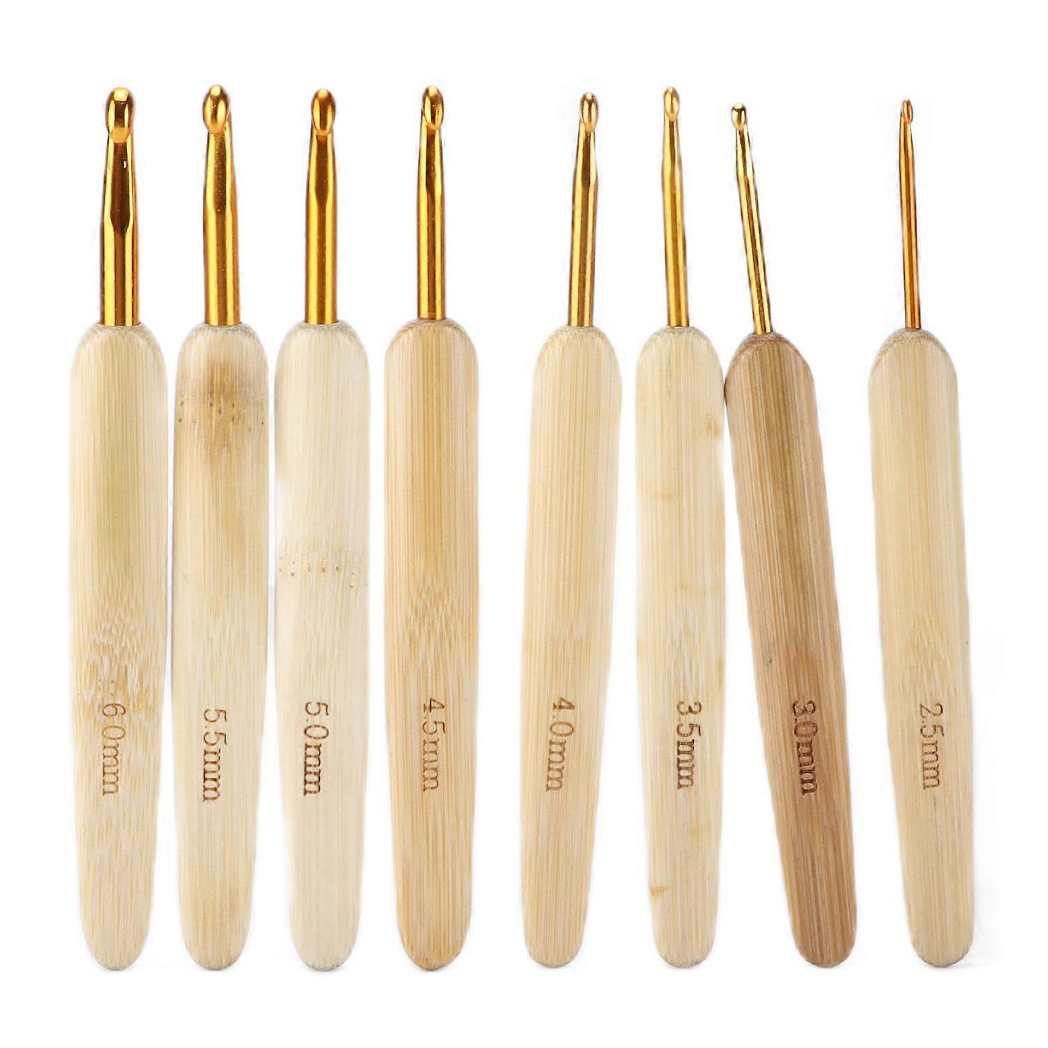 8pcs Crochet Hooks Alumina Needle Bamboo Handle Golden Weaving Tools for Handicraft Lovers