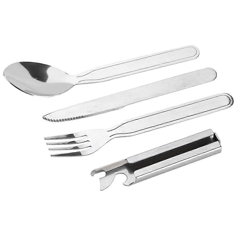 Set di stoviglie in acciaio inossidabile da 4 pezzi con forchetta, cucchiaio, coltello e apriscatole