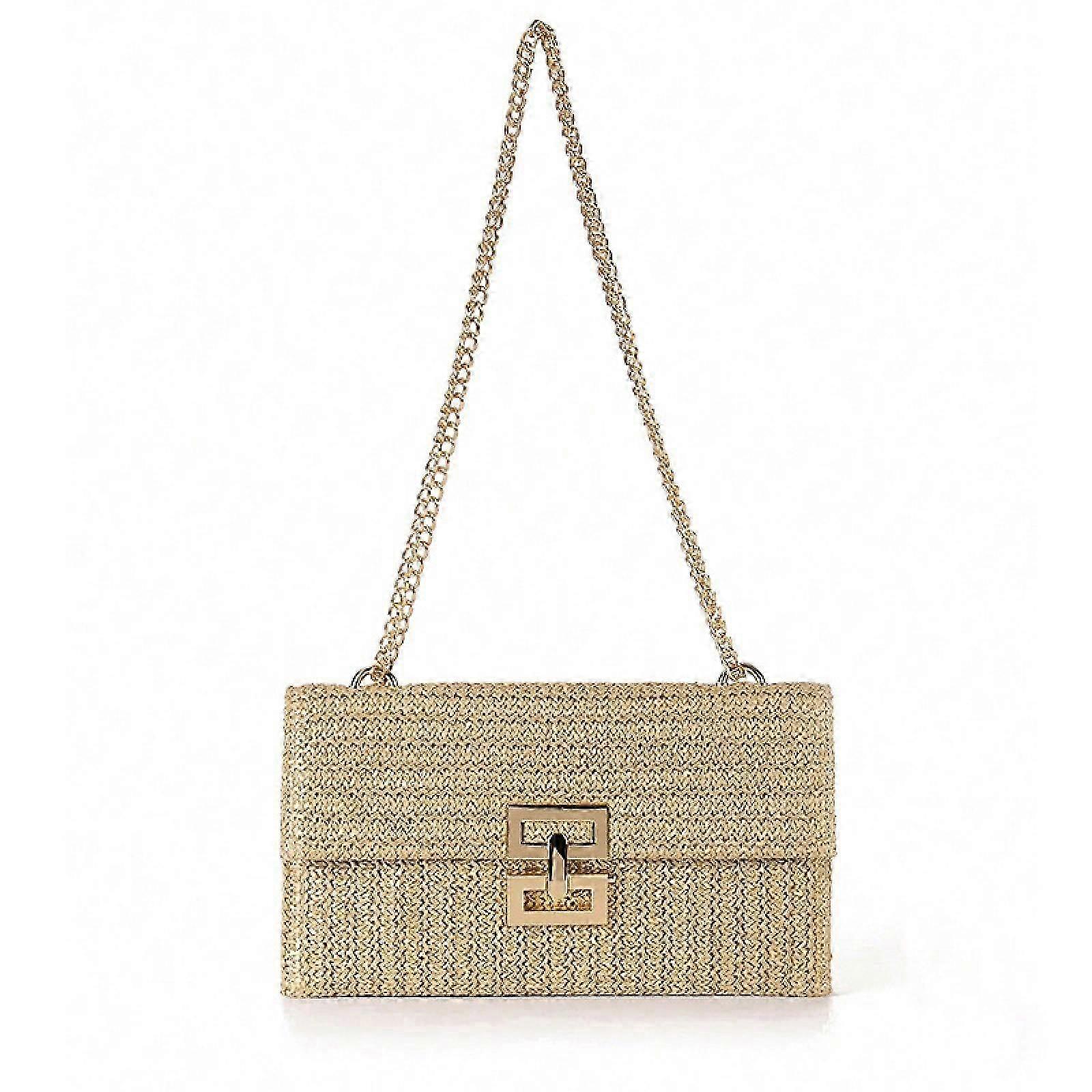 Women's Straw Shoulder Bag Summer Woven Beach Bag Envelope Handbag Crossbody Bag Wallet Chain Flip Twist Lock Straw Bag -gsl