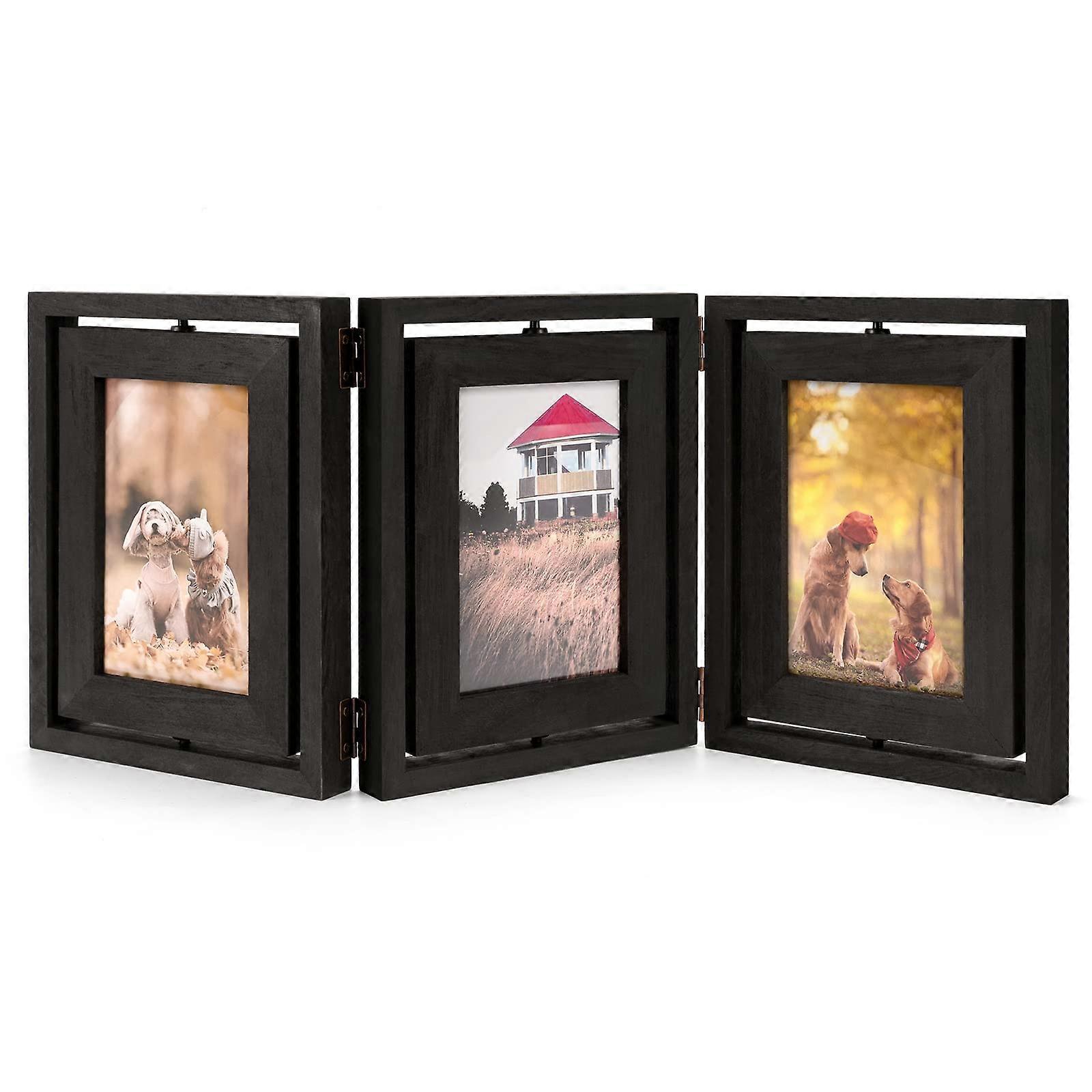 Rustic Wood 4x6 Hinged Folding Triple Picture Frame, Double - Sided Collage Display with High Definition Glass