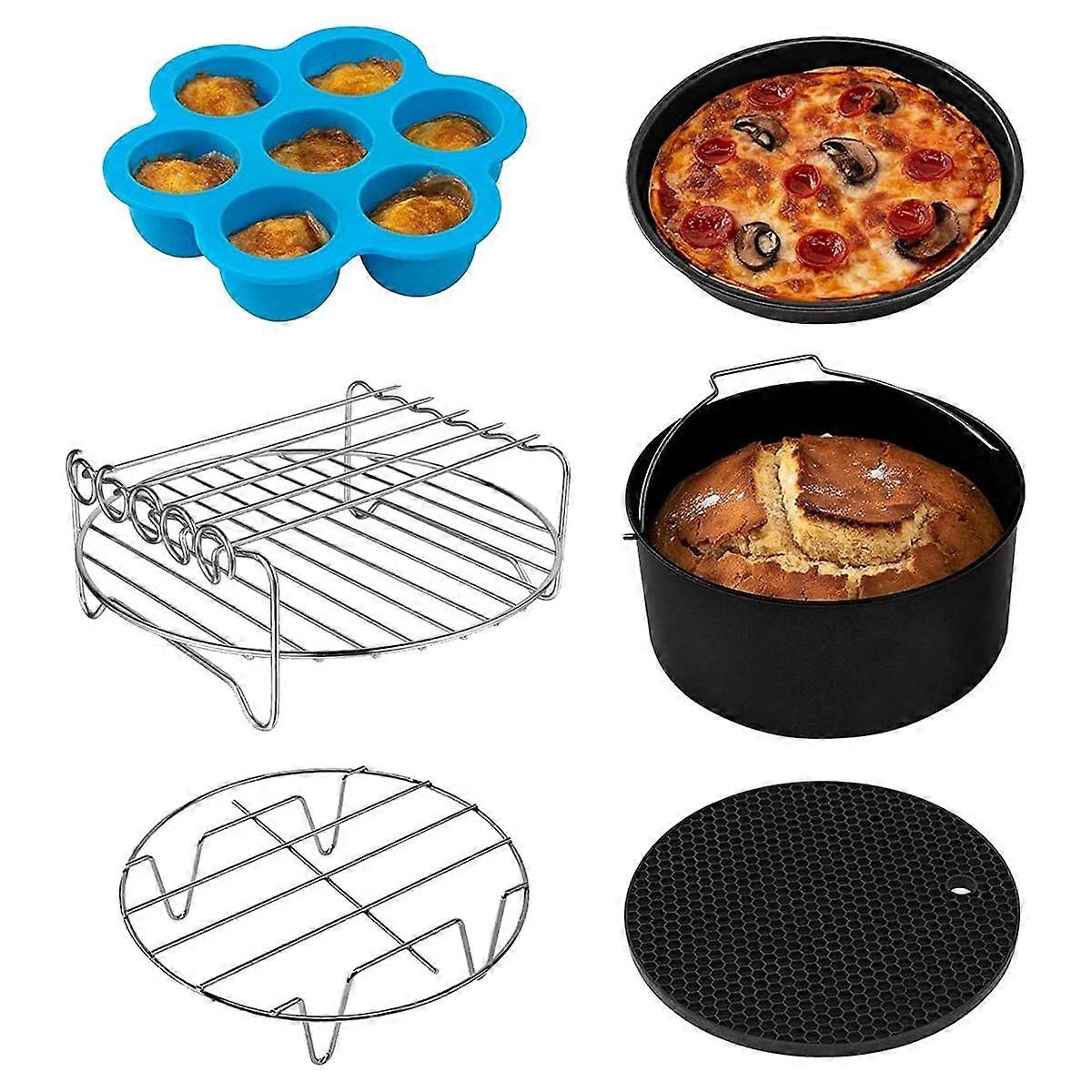 6Pcs Air Fryer Accessories for Dual Air Fryer, Multi-Layer Dehydrator Rack with 4 Barbecue Sticks, Cake Pan,(8 Inch)