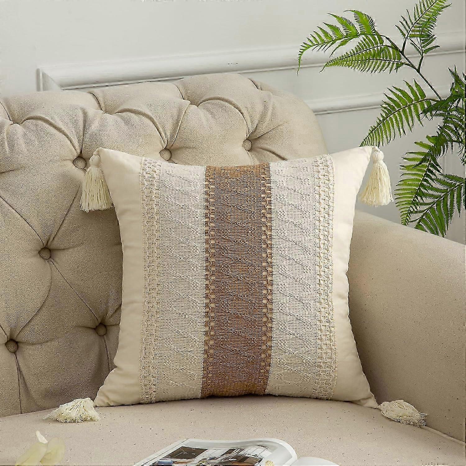 Bohemian Pillowcase, Throw Pillowcase 45.72 x 45.72 cm with Tassels, Textured Stripe Weave in Cotton and Burlap 1 Piece(Beige and Brown,Single Stripe)