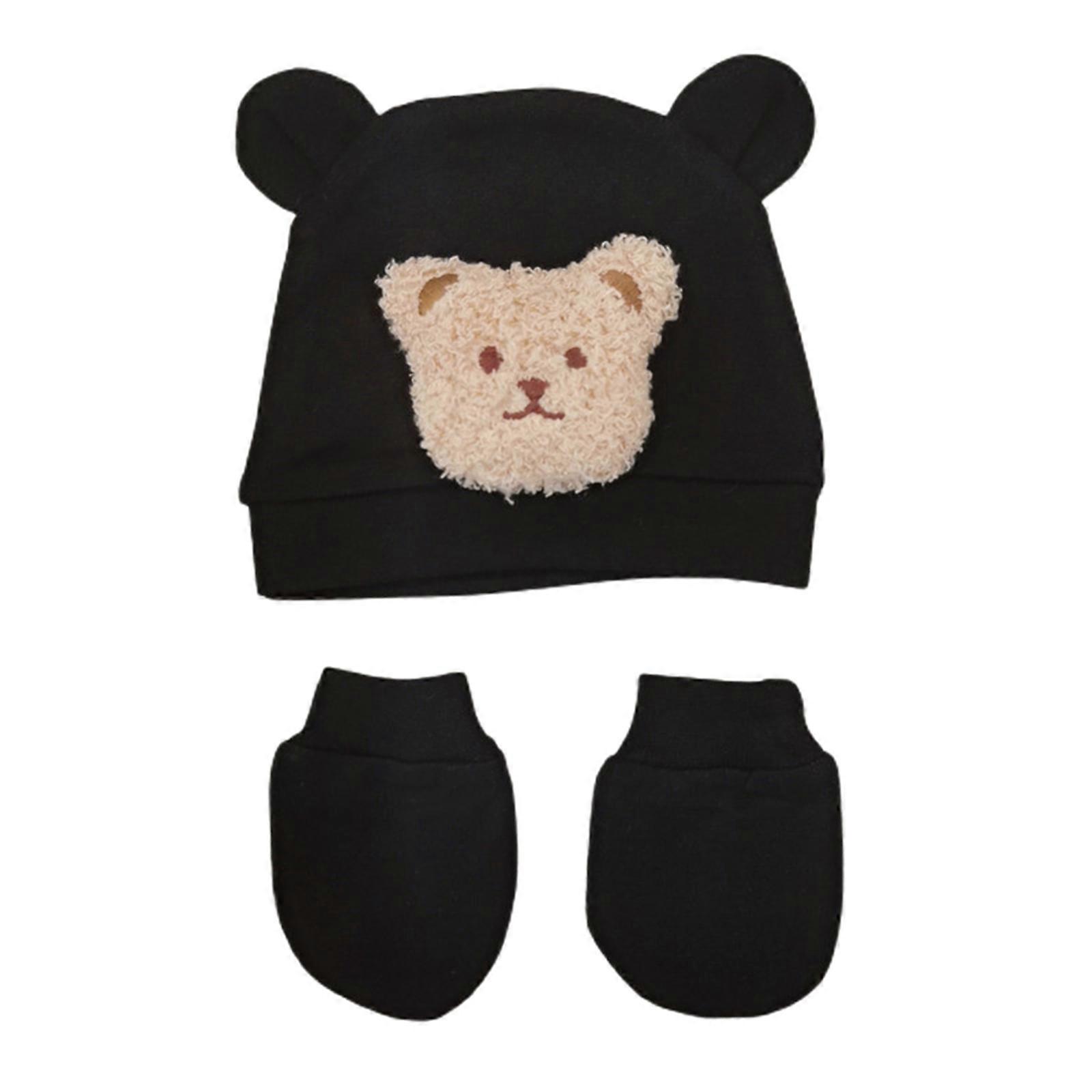 Conjunto de Presente para Bebê Adorável Chapéu de Orelha de Urso & Luvas Anti Risco Combo Soft & Warm Baby Cap com Luvas conjunto para Recém-Nascidos Presente Urso de leite preto