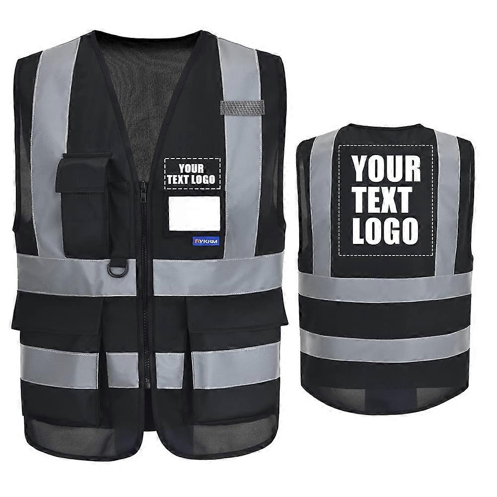 High Visibility Reflective Safety Vest with Custom Logo, Black, Size XS-8XL, X-Large, Durable Material