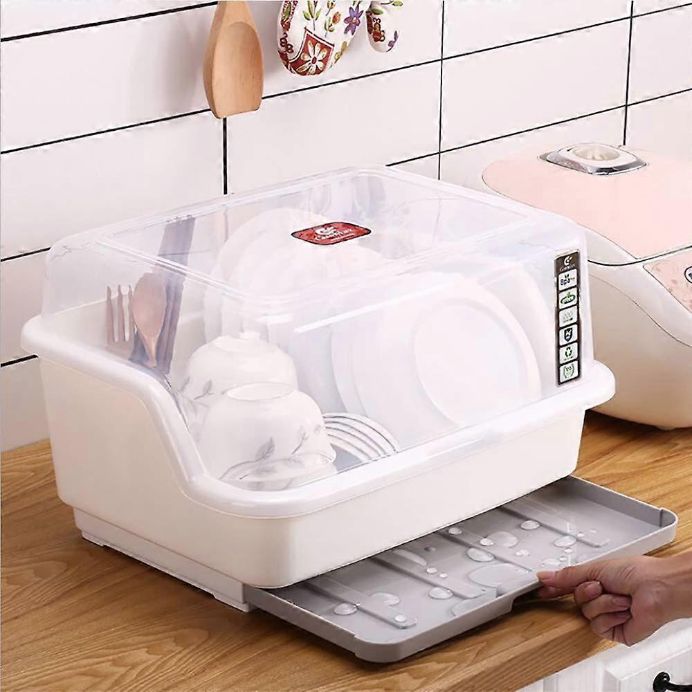 Medium Size Dish Drying Rack with Lid Cover, 16"x12.2"x10.6", Kitchen Cutlery Drainer and Nursing Bottle Holder