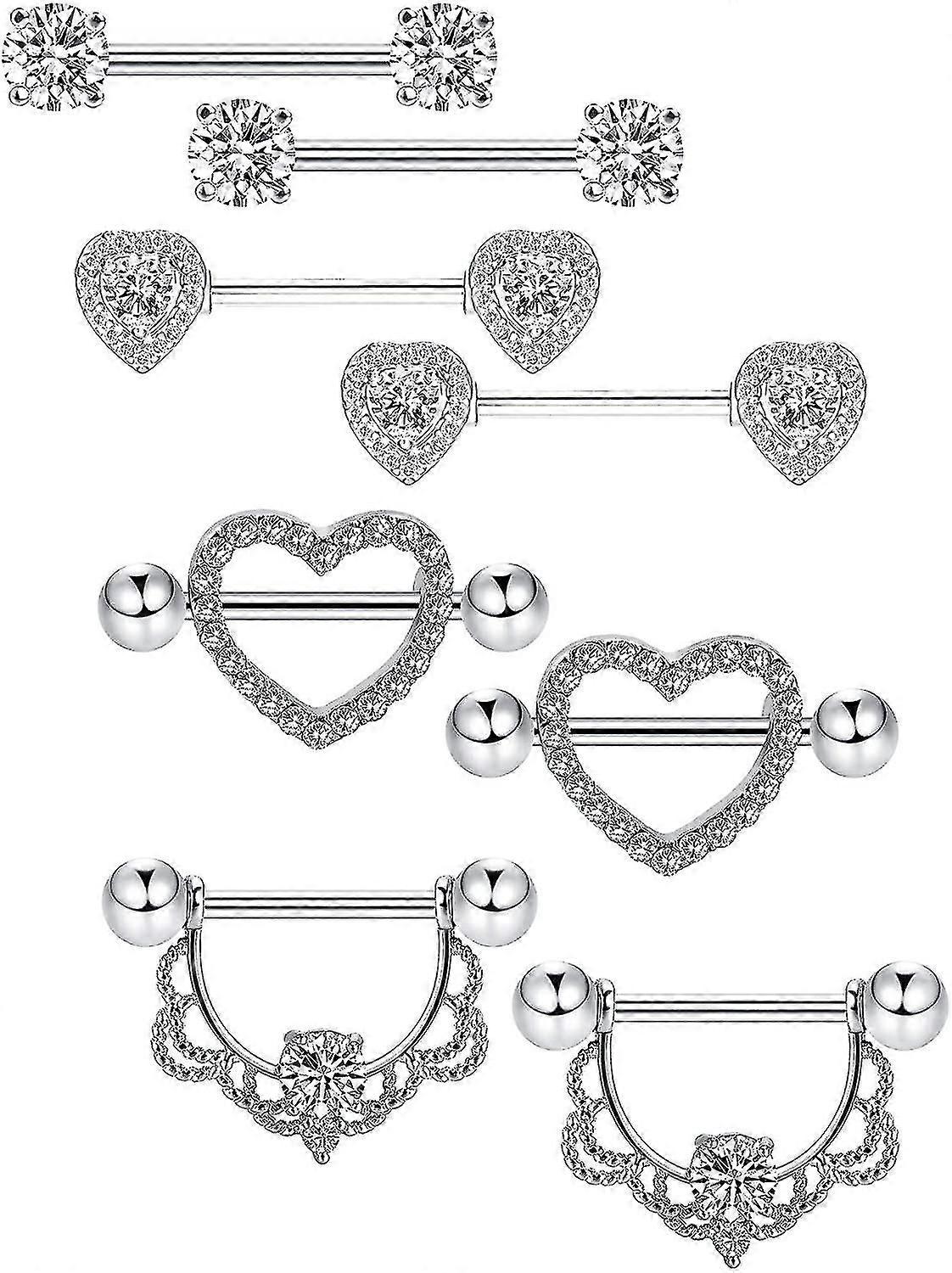 4組ステンレス製ニップルリング舌リングピアスボディジュエリーバーベルCzハートシェイプリング女性の女の子
