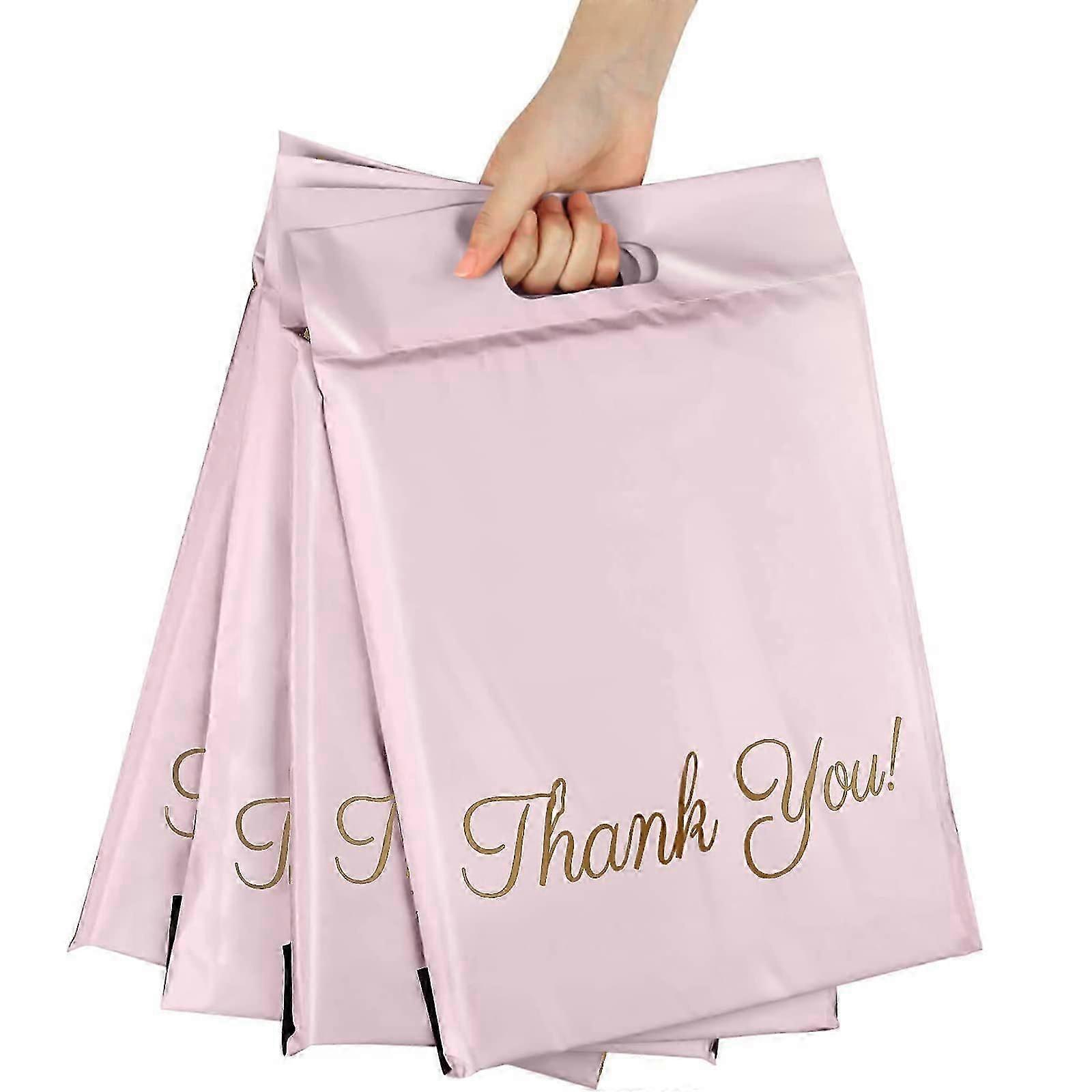 100個のプラスチック郵送封筒、梱包用ハンドル付き防水強力郵便袋、保管、ショッピング、32 * 40cm + 6cm + 5cm(ピンク)