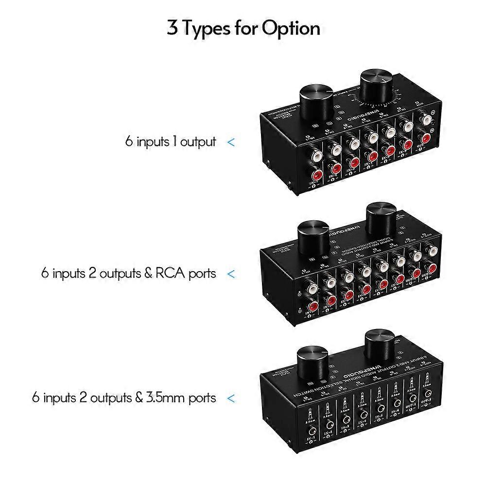 LYNEPAUAIO 6-In-2-Out o Switcher Two-Way o Signal Selector Box Splitter Distributor with 3.5mm o Input & Output Jacks