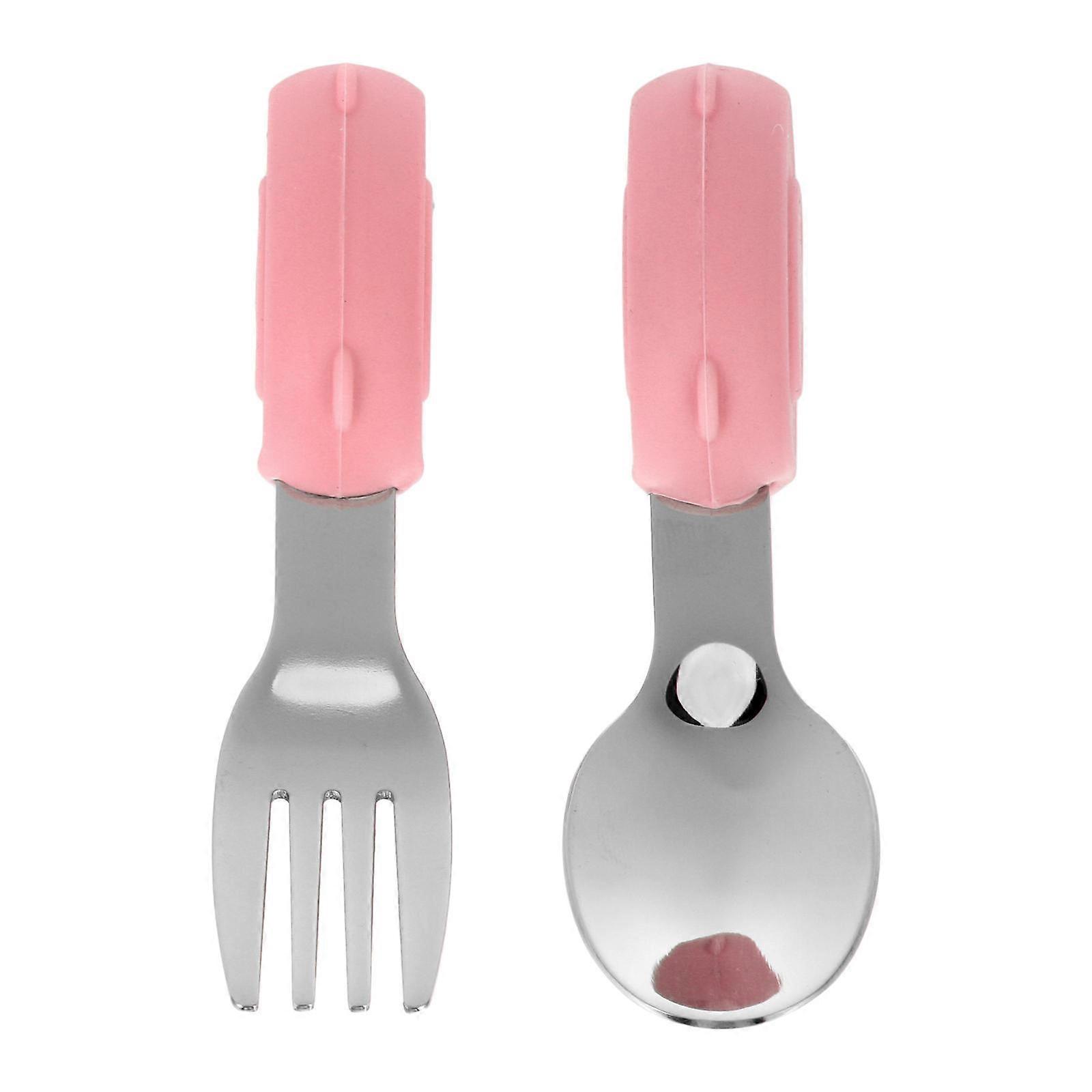 Stainless Steel Fork and Spoon Set with Non Slip Handle, Heat Resistant, Pig Design, Pink