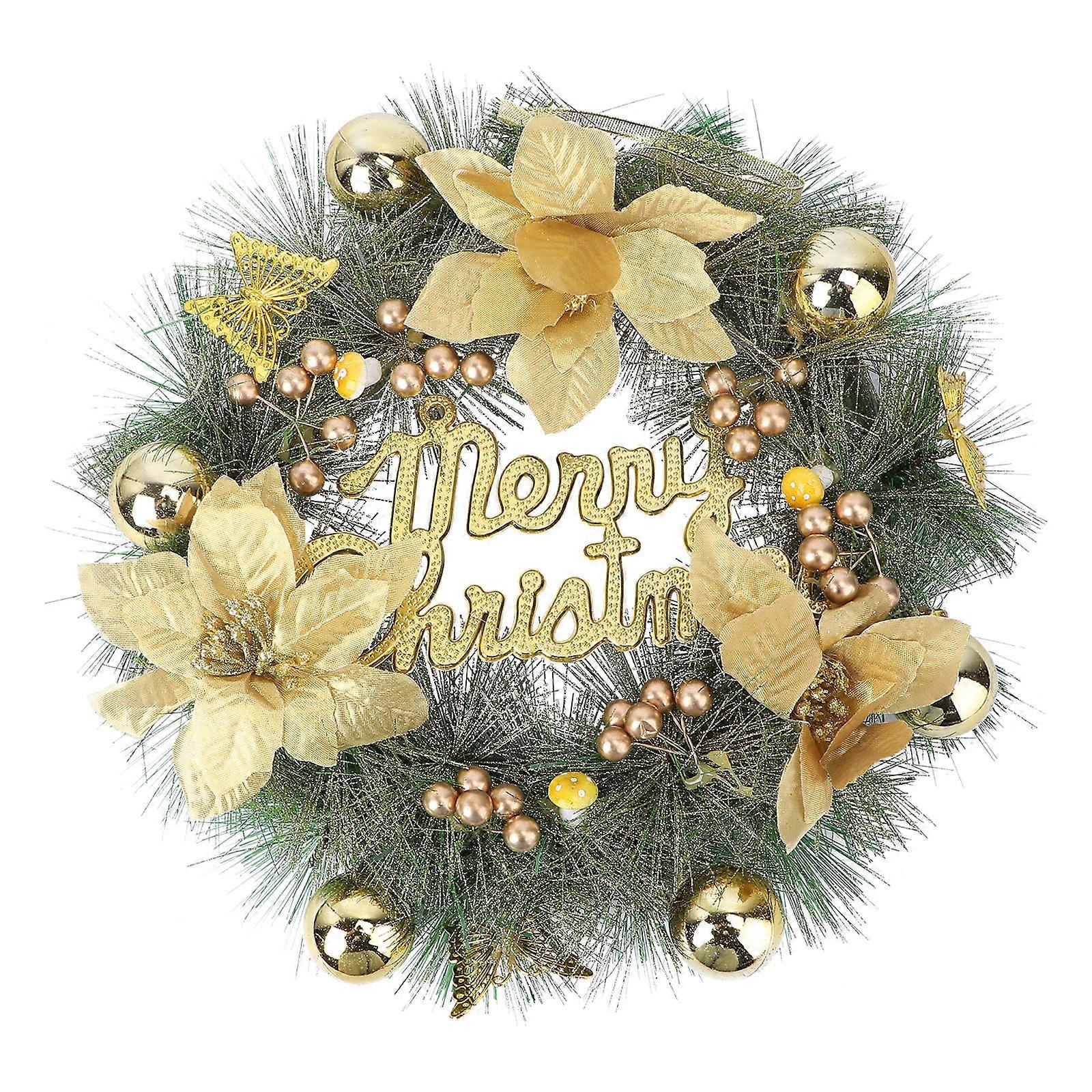 玄関ドア、窓、壁用のゴールドクリスマスリース人工花のガーランド装飾–花と蝶の魅力的なホリデー装飾
