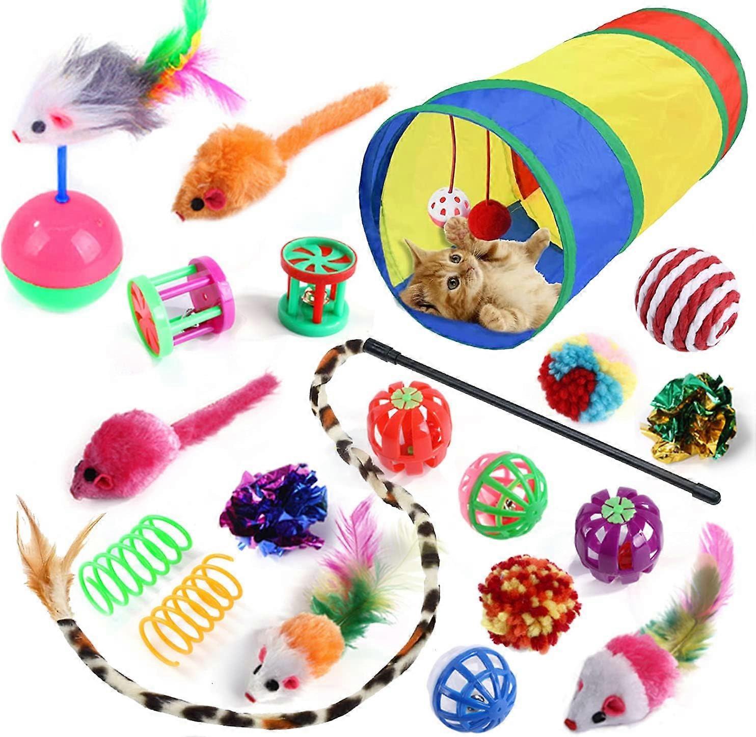 Cat Toys - Collapsible Tunnel, Feather Wand, Ball & Spring Mice for Indoor Kittens & Puppies 20 Pcs