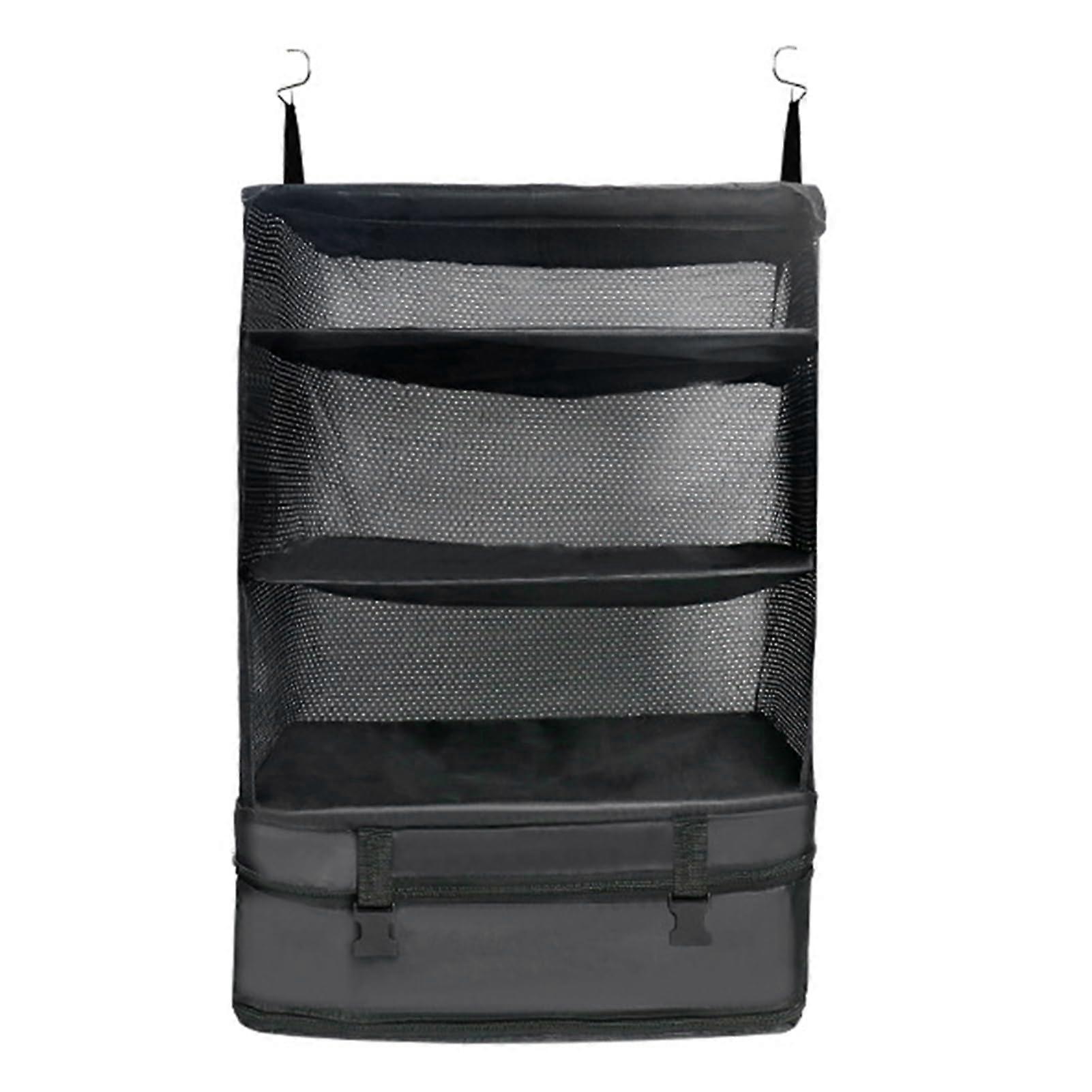 Double Hook Design Storage Bag Zipper Travel Organizer 3 Layer Mesh Pockets with High Elastic Fastening Straps Hanging Closure Black
