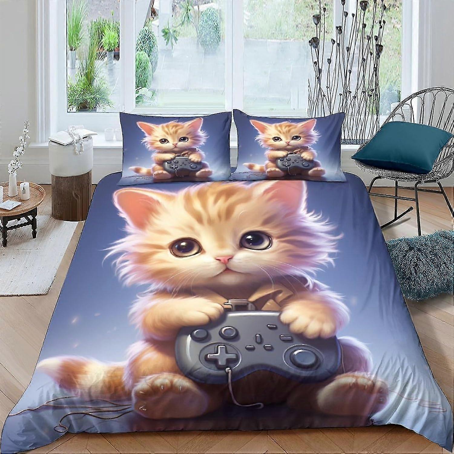 Cartoon Kitten Duvet Cover Set Soft Microfiber Comforter Cover Bedding Set for Kids and Adults