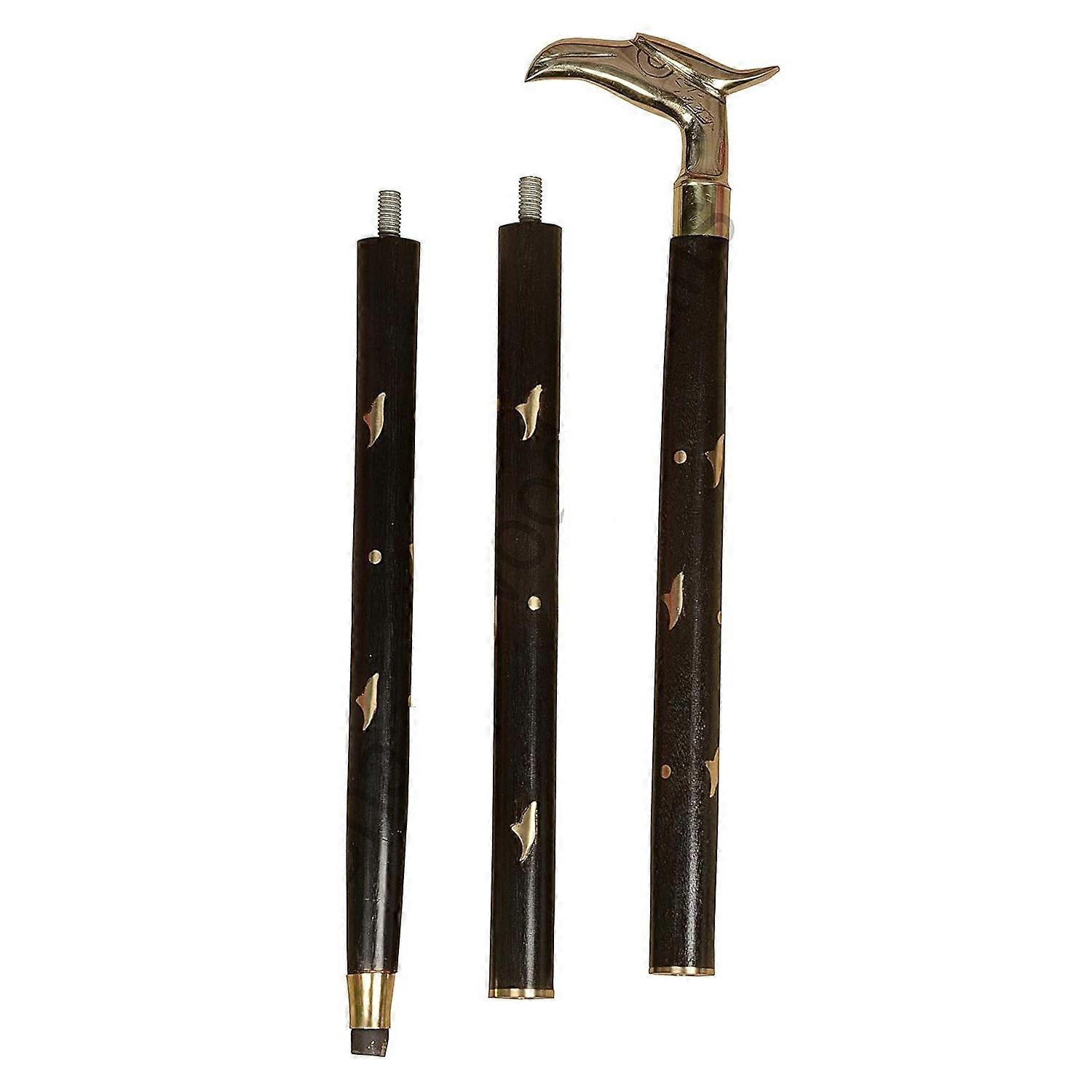 Handicraft Wooden Walking Folding Stick with Brass Eagle Handle Black Color Antique Design Size 36inch